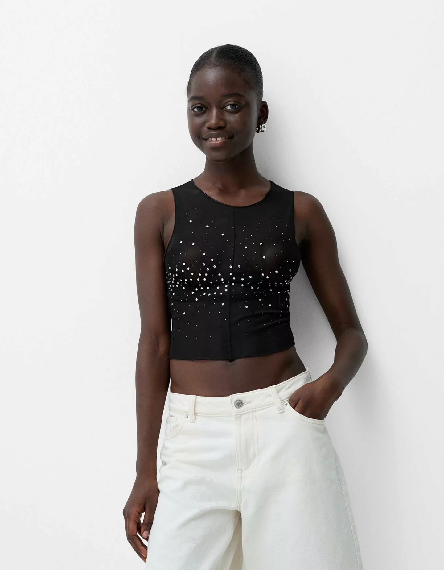 Bershka Ärmelloses Shirt Aus Tüll Mit Strass Damen M Schwarz günstig online kaufen