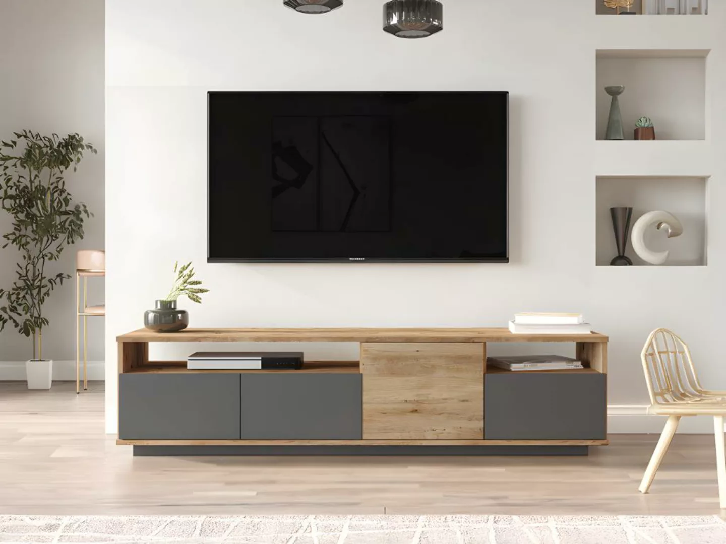 TV-Möbel mit 4 Türen & 2 Regalen - Holzfarben hell & Anthrazit - CEDONA günstig online kaufen