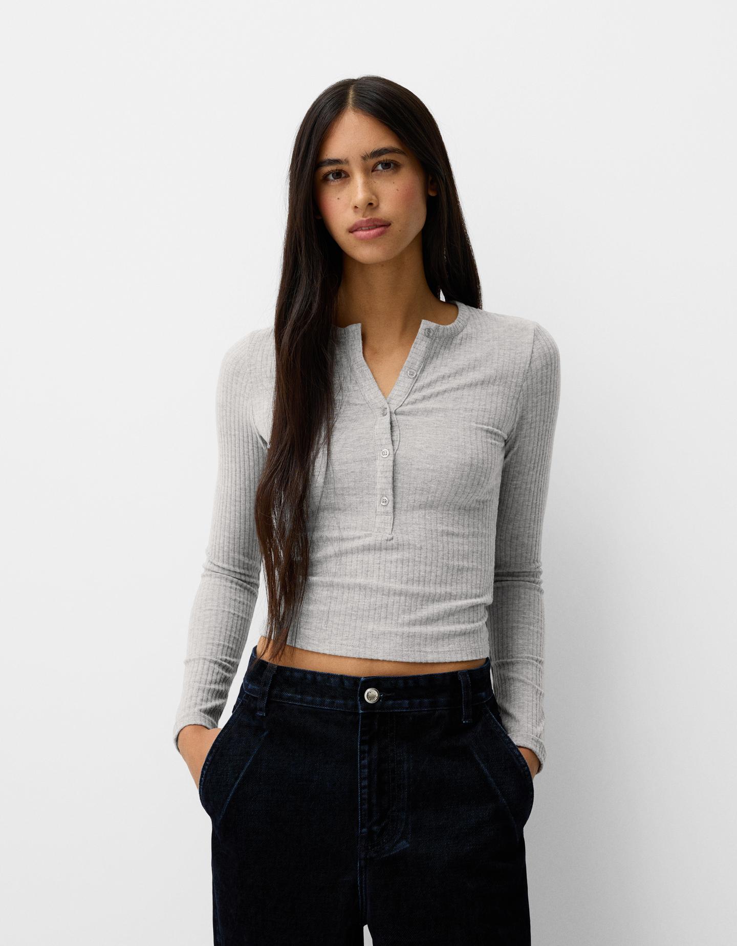 Bershka Pullover Mit Rippmuster Und Knöpfen Damen L Grau günstig online kaufen