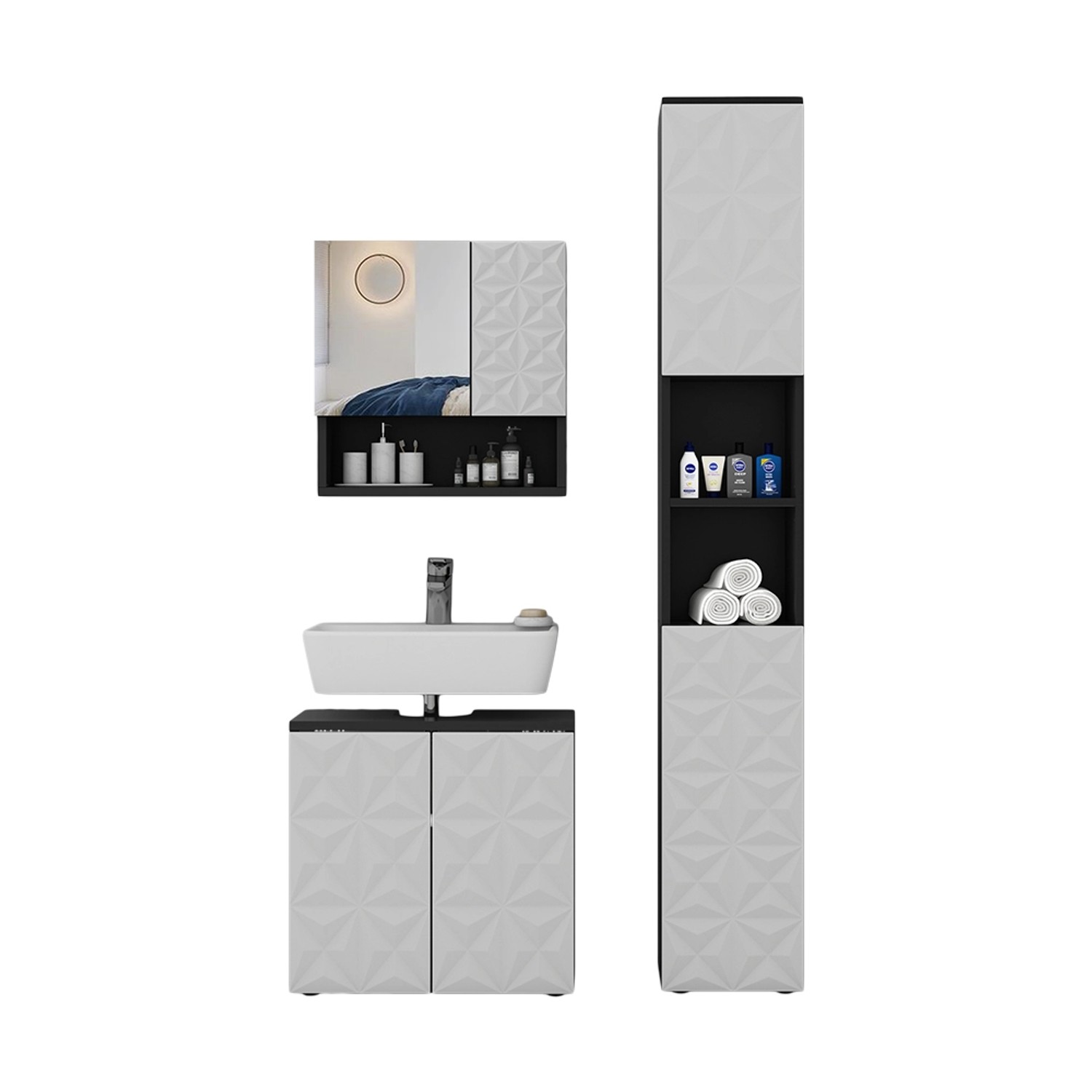Vicco Badmöbel-Set Edge Schwarz/Weiß 3 Teile mit Hochschrank günstig online kaufen