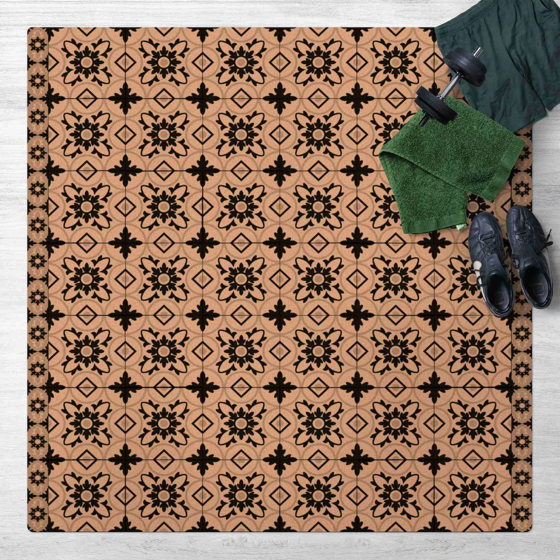 Kork-Teppich Geometrischer Fliesenmix Blume Schwarz günstig online kaufen