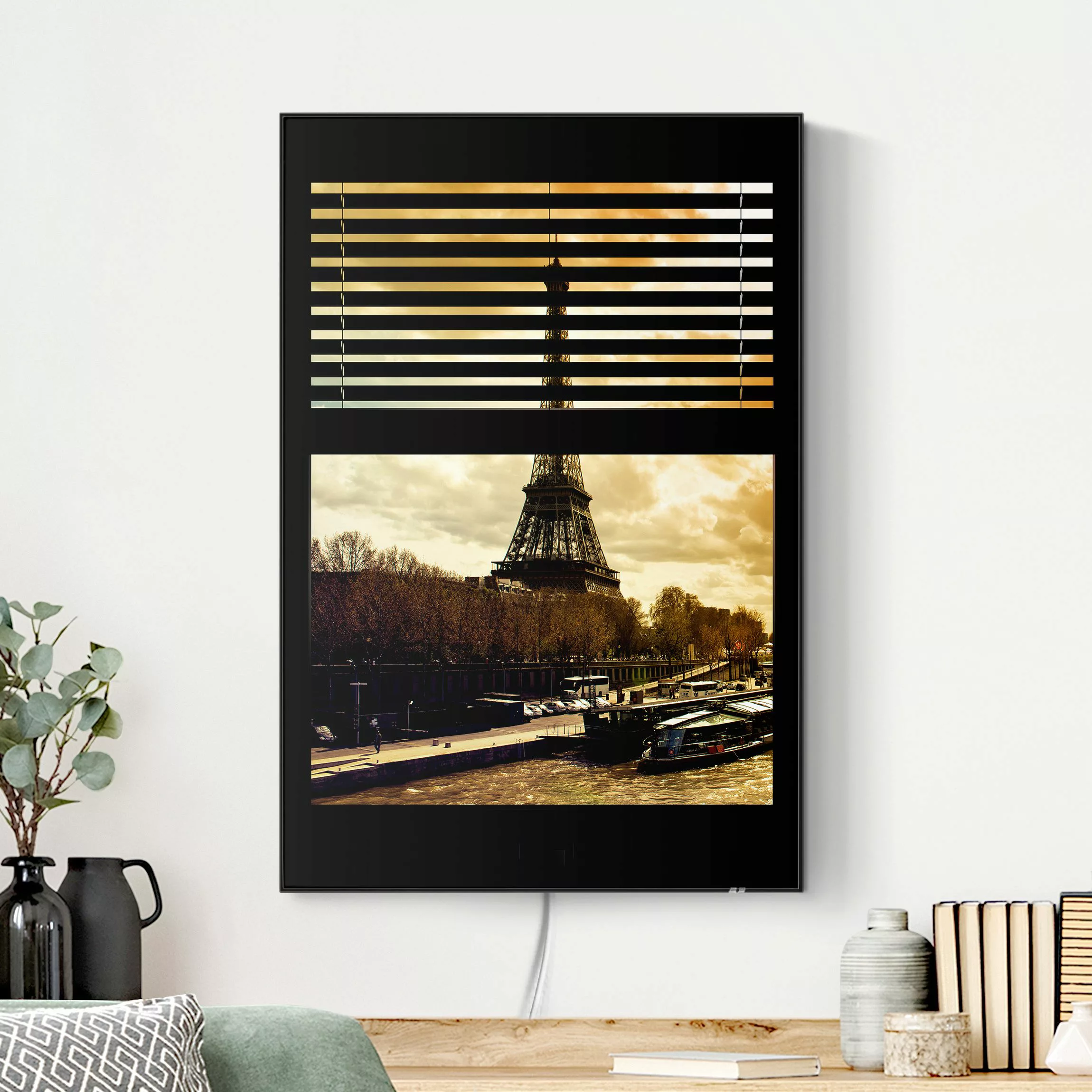 LED-Wechselbild Fensterausblick Jalousie - Paris Eiffelturm Sonnenuntergang günstig online kaufen