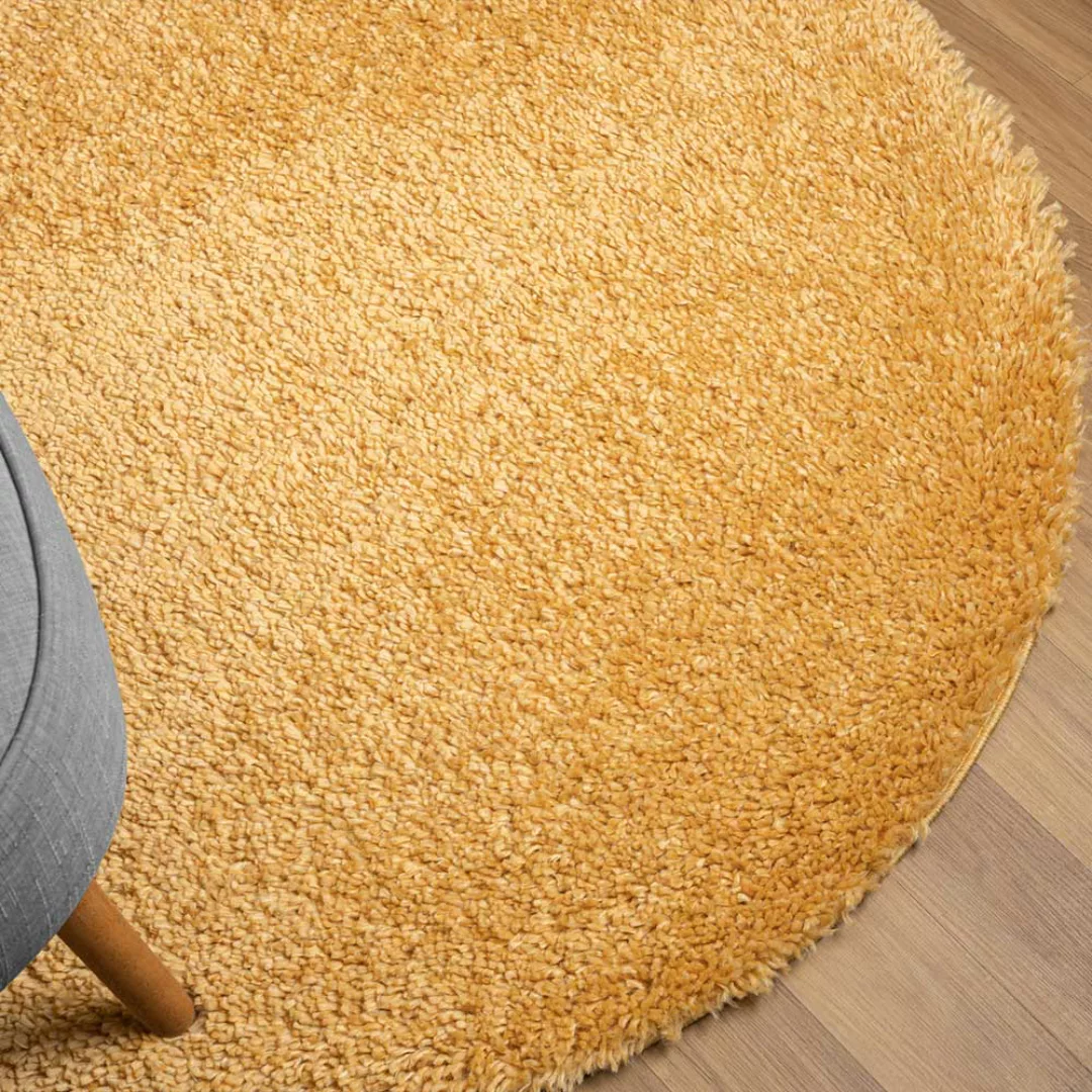 Runder Shaggy Teppich Goldgelb in modernem Design 150 cm Durchmesser günstig online kaufen