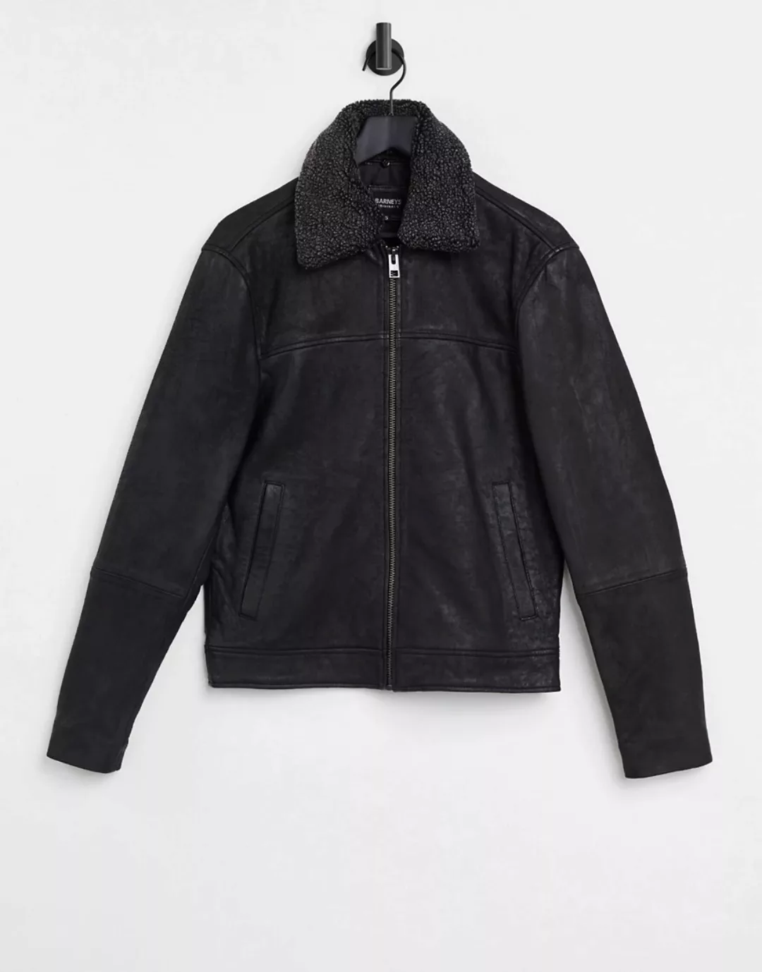 Barney's – Lederjacke mit Teddyfellkragen in Schwarz günstig online kaufen