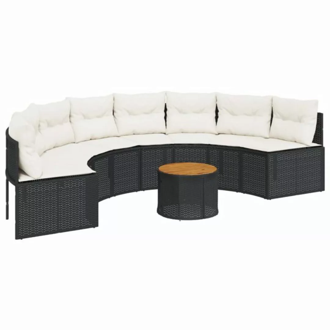 vidaXL Loungesofa Gartensofa mit Tisch und Kissen Halbrund Schwarz Poly-Rat günstig online kaufen