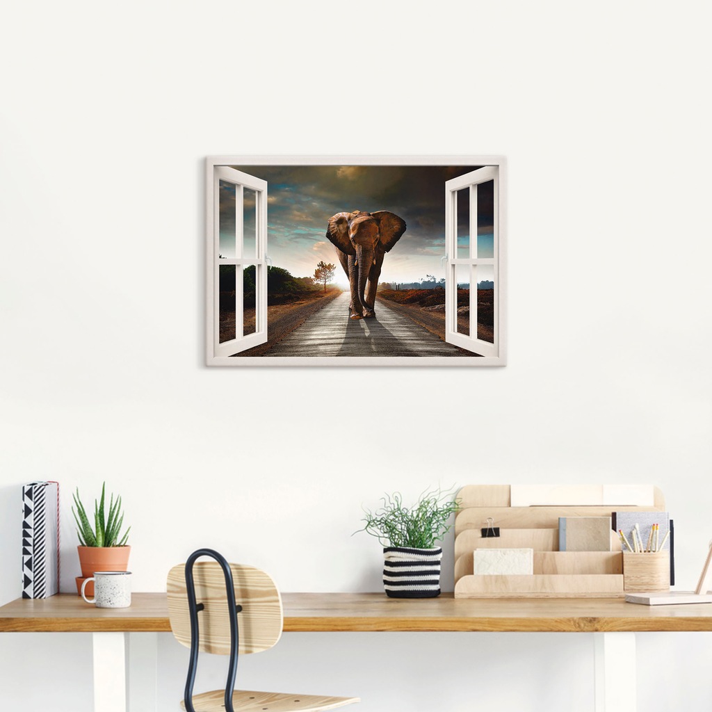Artland Leinwandbild "Elefant auf Straße - braunes Fenster", Fensterblick, günstig online kaufen