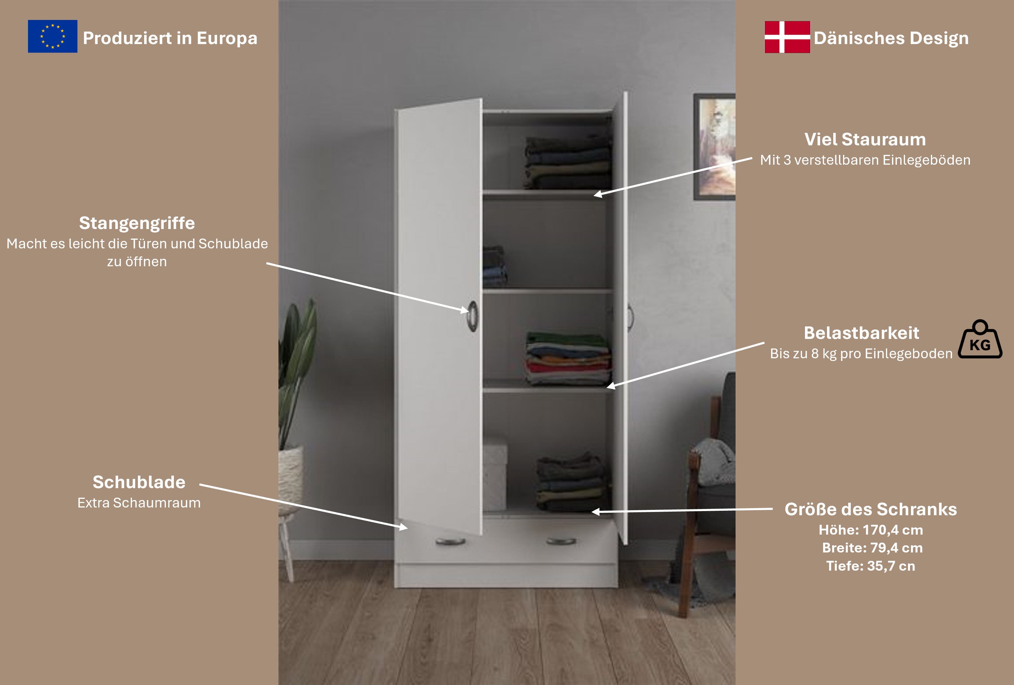 Home affaire Kinderkleiderschrank, Mit viel Stauraum, graue Stangengriffe, günstig online kaufen