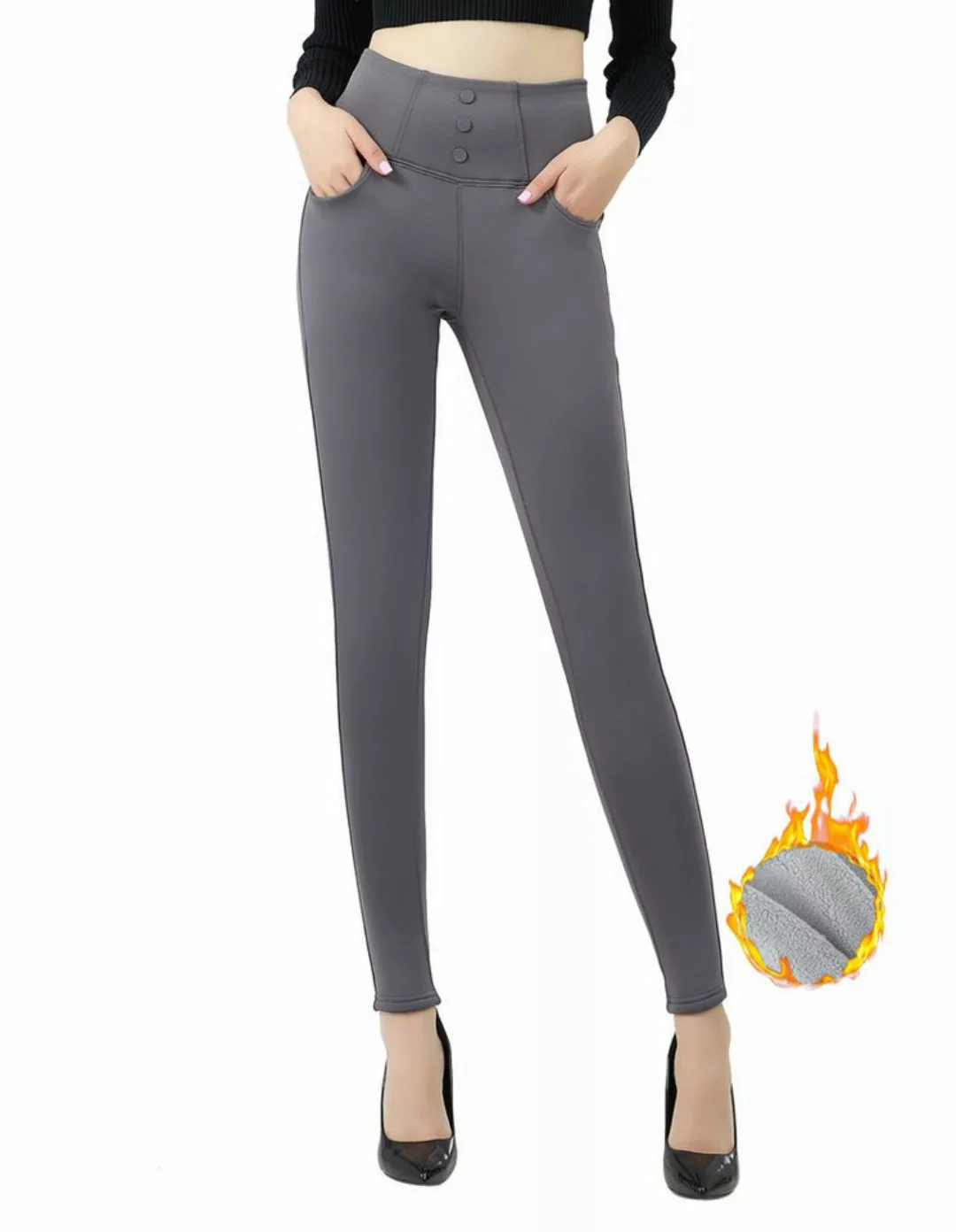 Jepo Leggings Elastische, gefütterte Chinohose warm slim Grau S/M Damen Ski günstig online kaufen