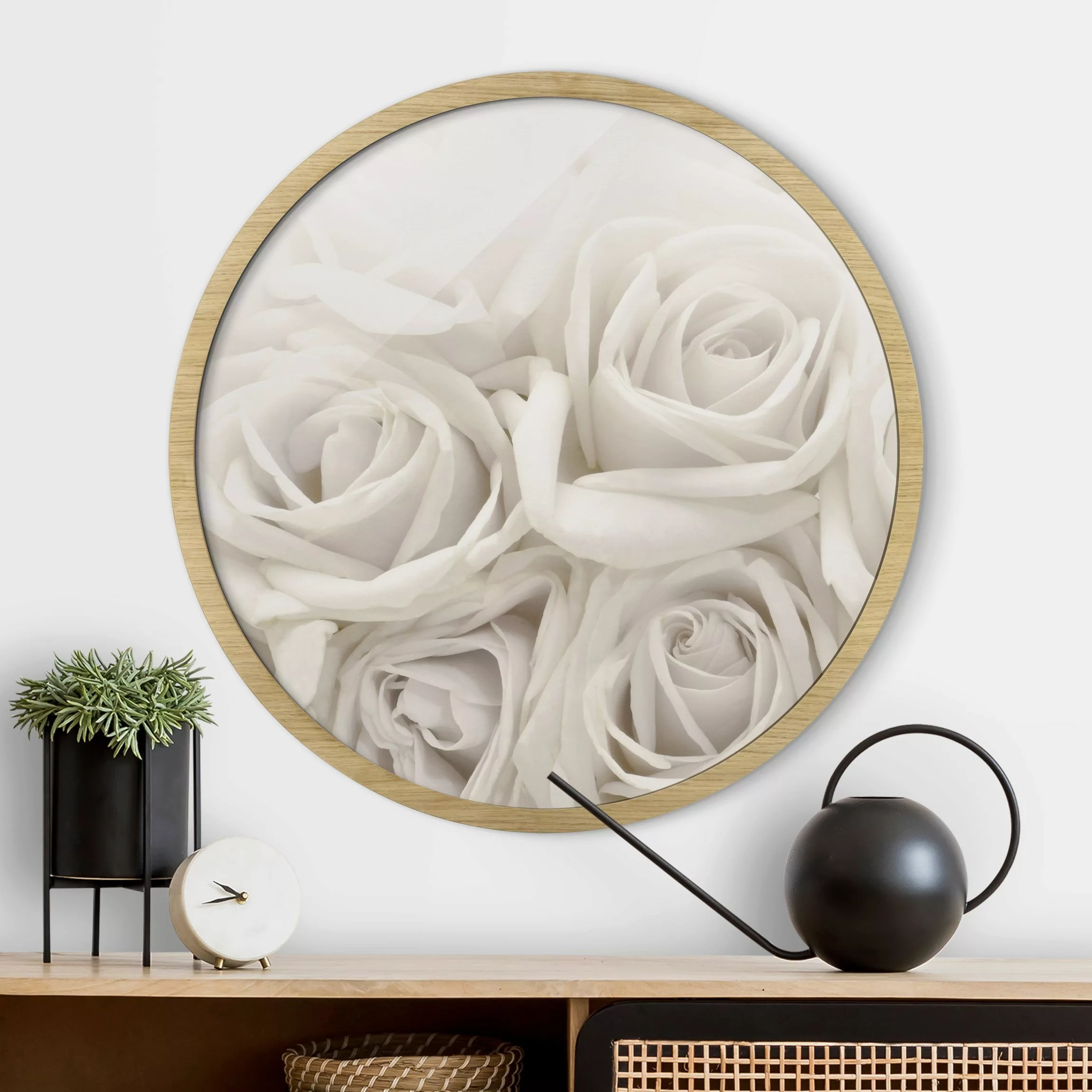 Rundes Gerahmtes Bild Weiße Rosen günstig online kaufen