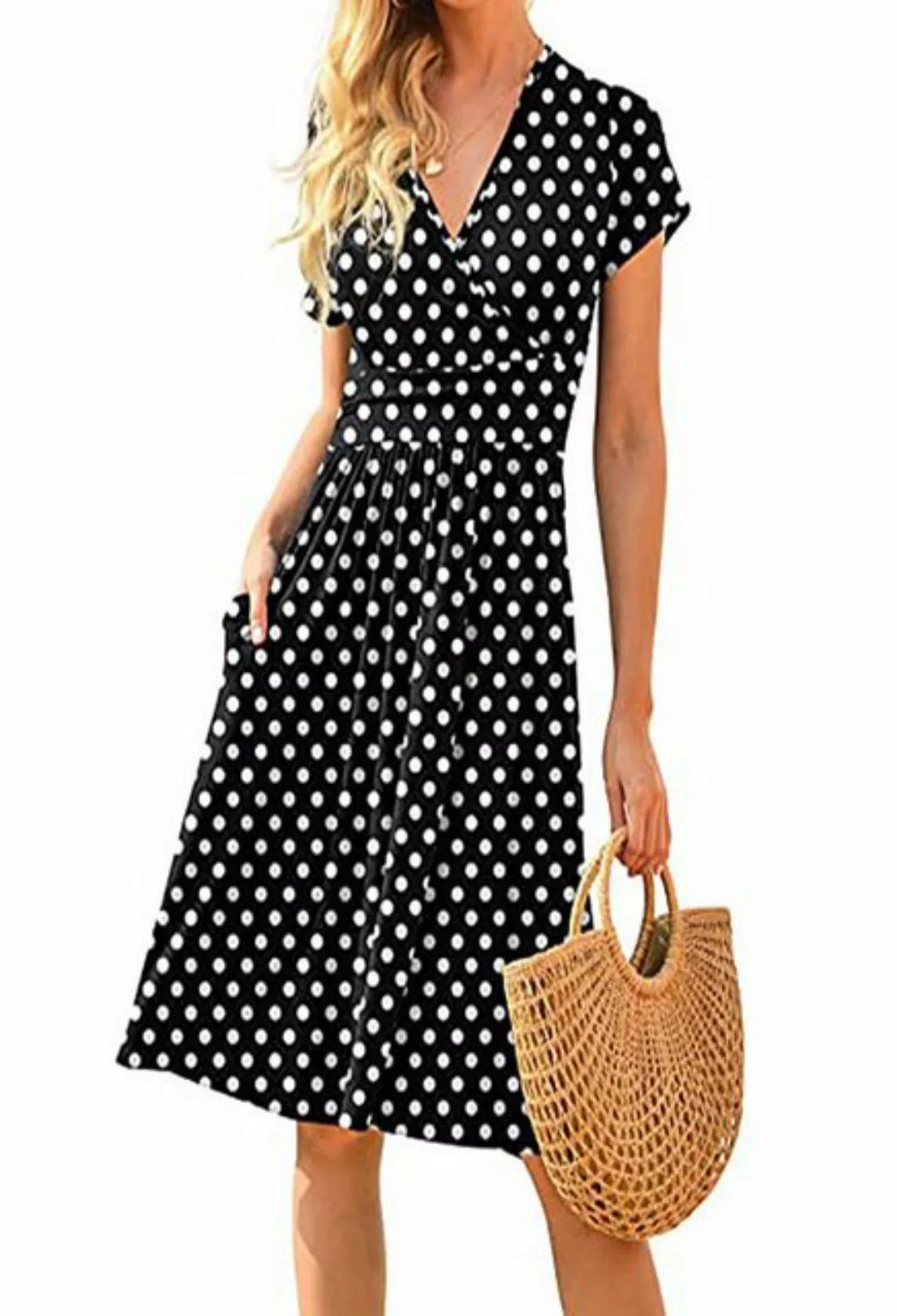 SEGUEN Sommerkleid Kleid mit V-Ausschnitt und kurzen Ärmeln mit Tupfen (Bed günstig online kaufen
