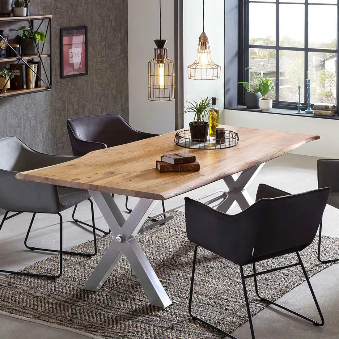 Esszimmertisch mit Baumkante in Akaziefarben und Weiß Metall Gestell günstig online kaufen