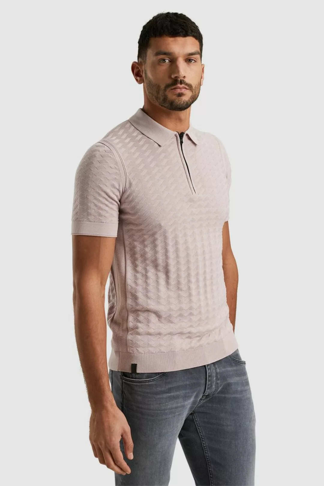 Cast Iron Knitted Half Zip Poloshirt Struktur Rosa - Größe XXL günstig online kaufen