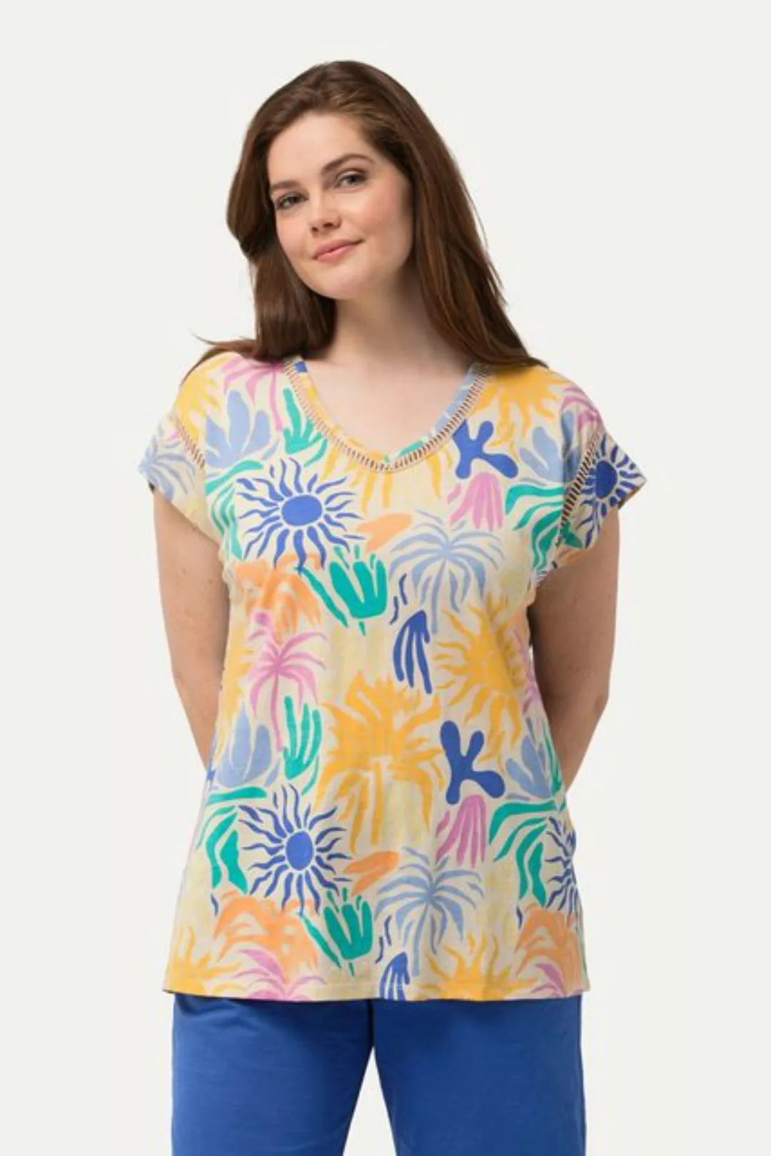 Ulla Popken Rundhalsshirt T-Shirt Sonnen V-Ausschnitt Halbarm Biobaumwolle günstig online kaufen