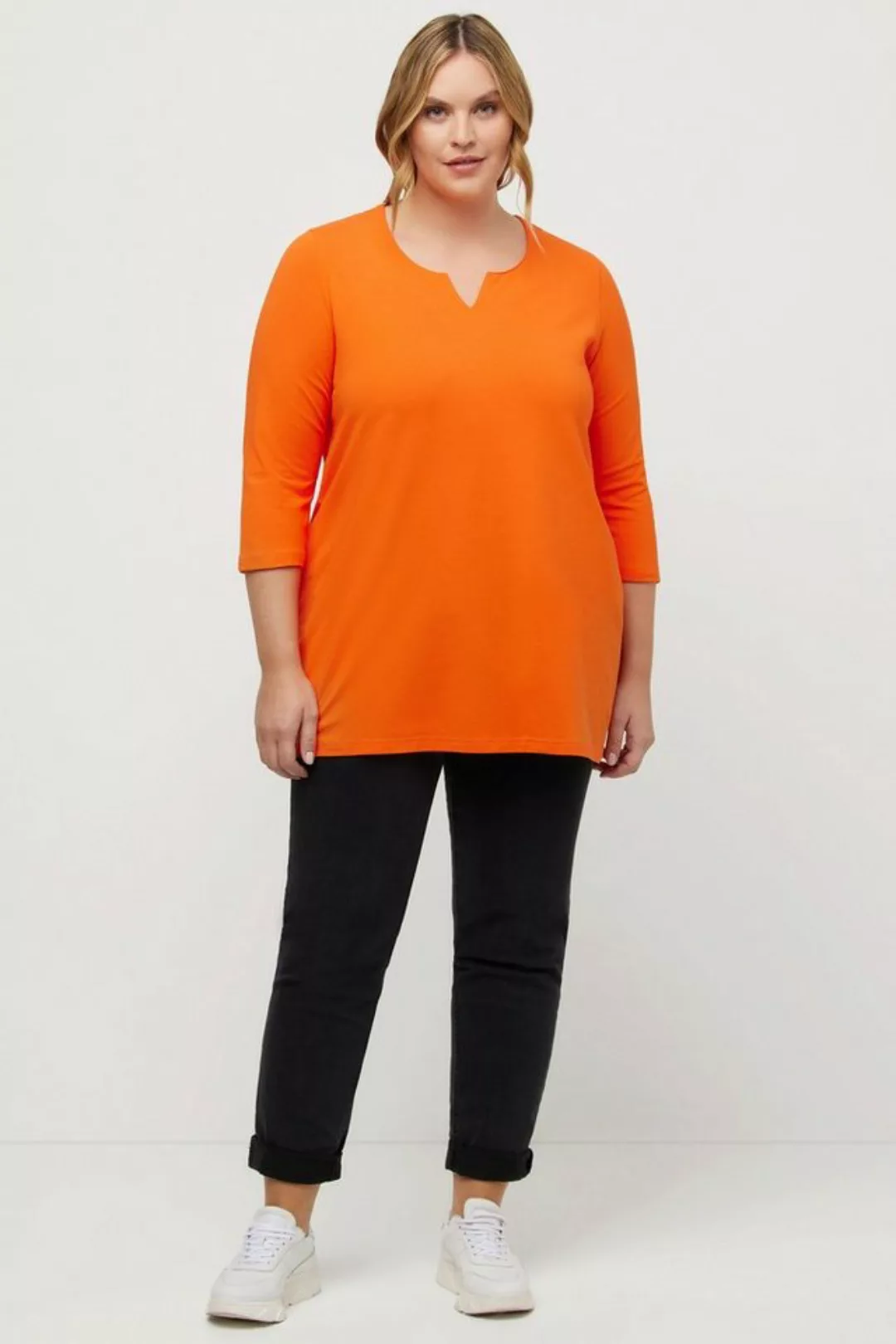 Ulla Popken Rundhalsshirt Longshirt A-Linie V-Ausschnitt 3/4-Arm günstig online kaufen