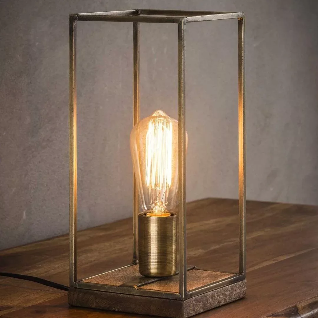 famlights | Tischleuchte Liv in Bronze E27 mit Holzsockel günstig online kaufen