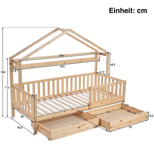 SOFTWEARY Kinderbett Hausbett mit Lattenrost und Schubladen (90x200 cm), Ho günstig online kaufen