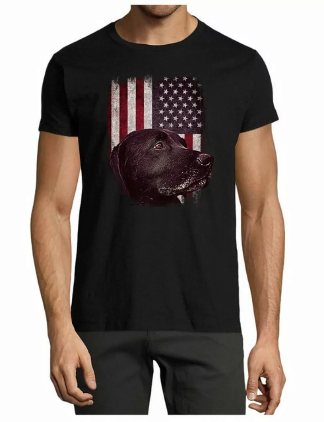 MyDesign24 T-Shirt Herren Hunde Print Shirt - Schwarzer Labrador vor USA Fl günstig online kaufen