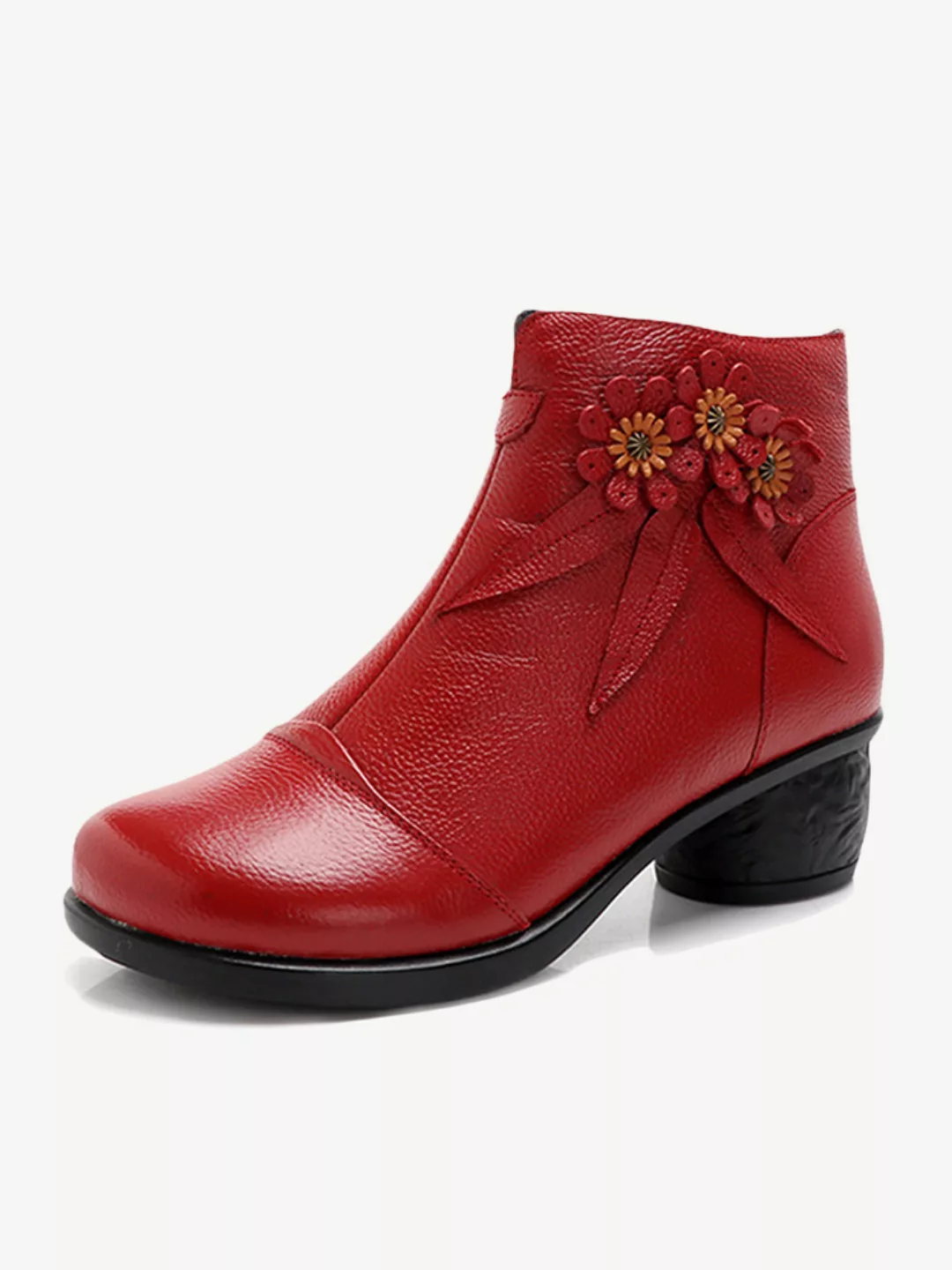 Damen Retro Real Leder Blumen Chunky Heel Short Stiefel günstig online kaufen