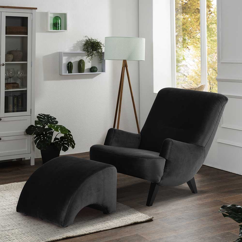 TV Sessel schwarz modern aus Samtvelours Vierfußgestell aus Holz günstig online kaufen