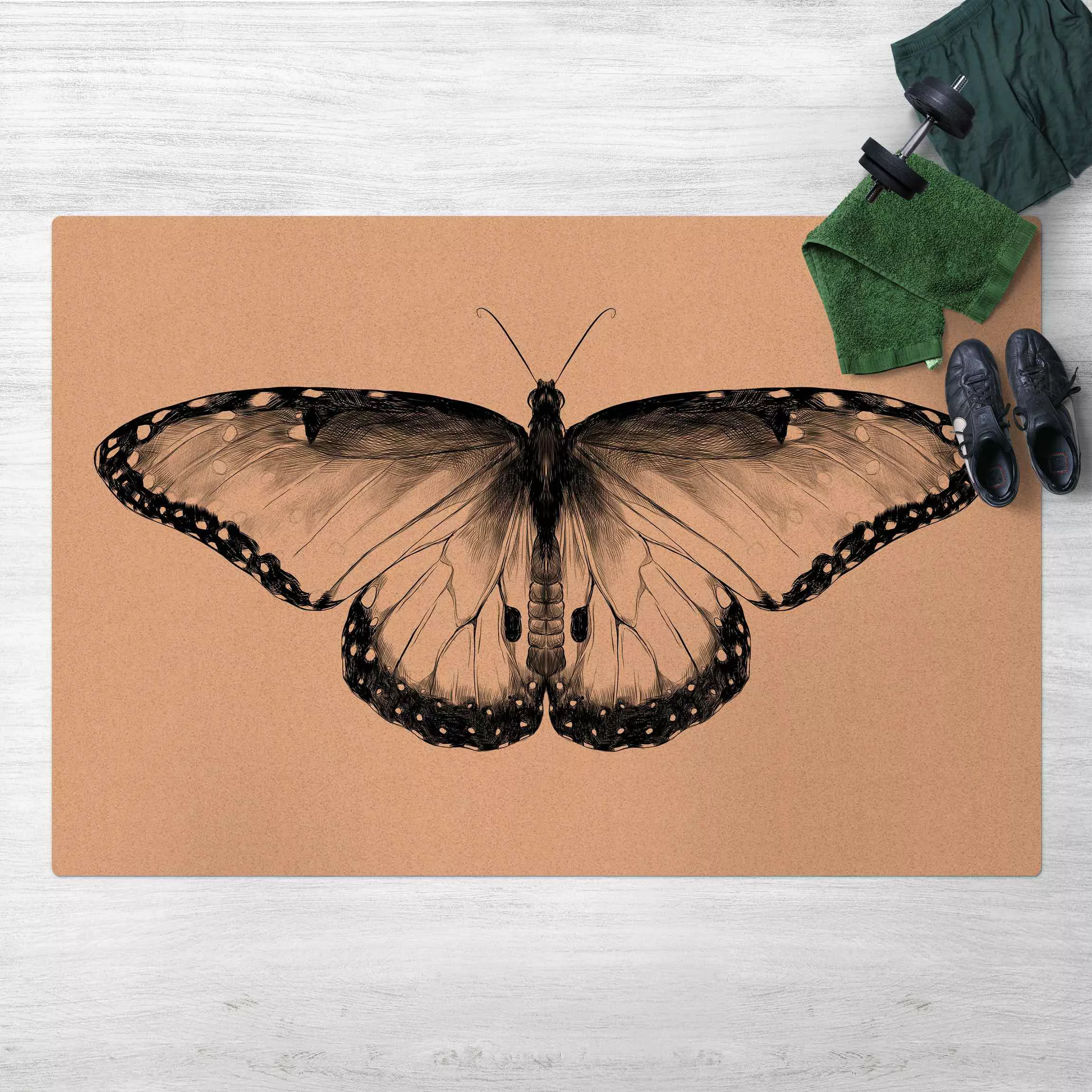 Kork-Teppich Illustration fliegender Blauer Morpho Schwarz günstig online kaufen