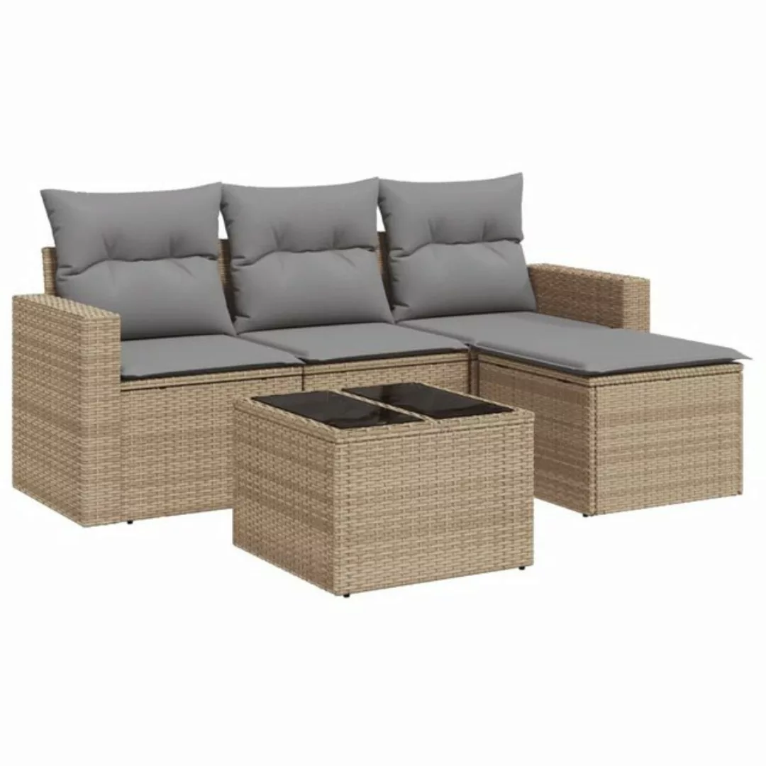 vidaXL Sofaelement 5-tlg. Garten-Sofagarnitur mit Kissen Beige Poly Rattan günstig online kaufen