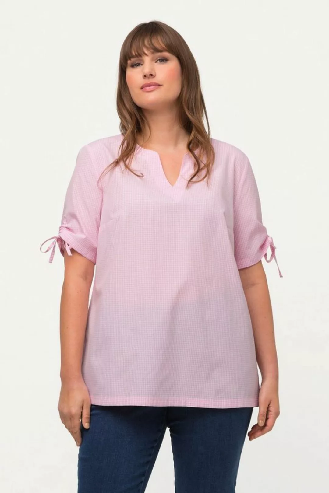 Ulla Popken Longbluse Trachten-Karobluse Tunika-Ausschnitt günstig online kaufen