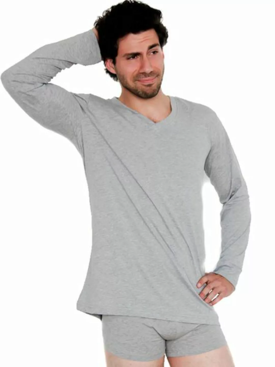 Herren Langarmshirt Bio-baumwolle V- Neck T-shirt Schwarz Grau günstig online kaufen