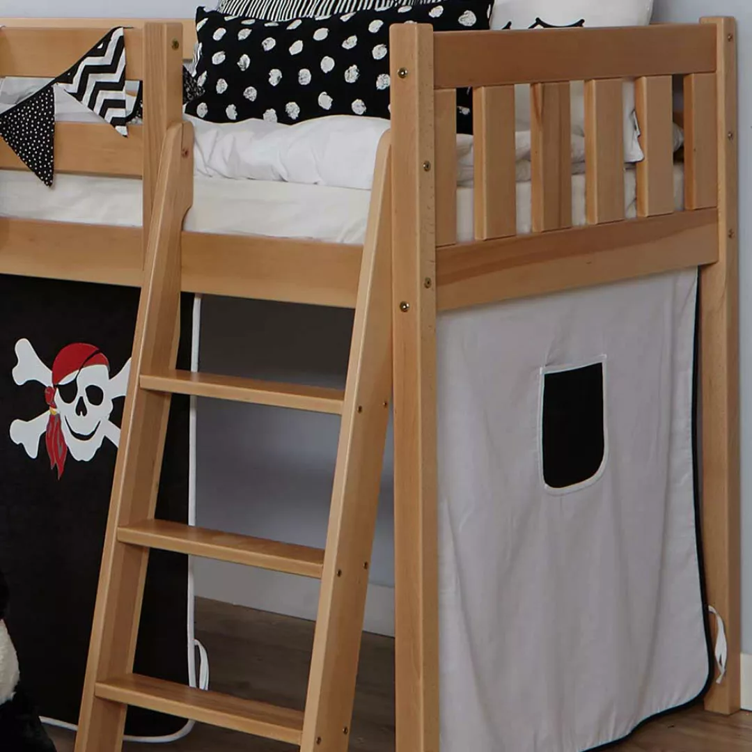 Halbhochbett aus Buche Massivholz Vorhang im Piraten Design günstig online kaufen
