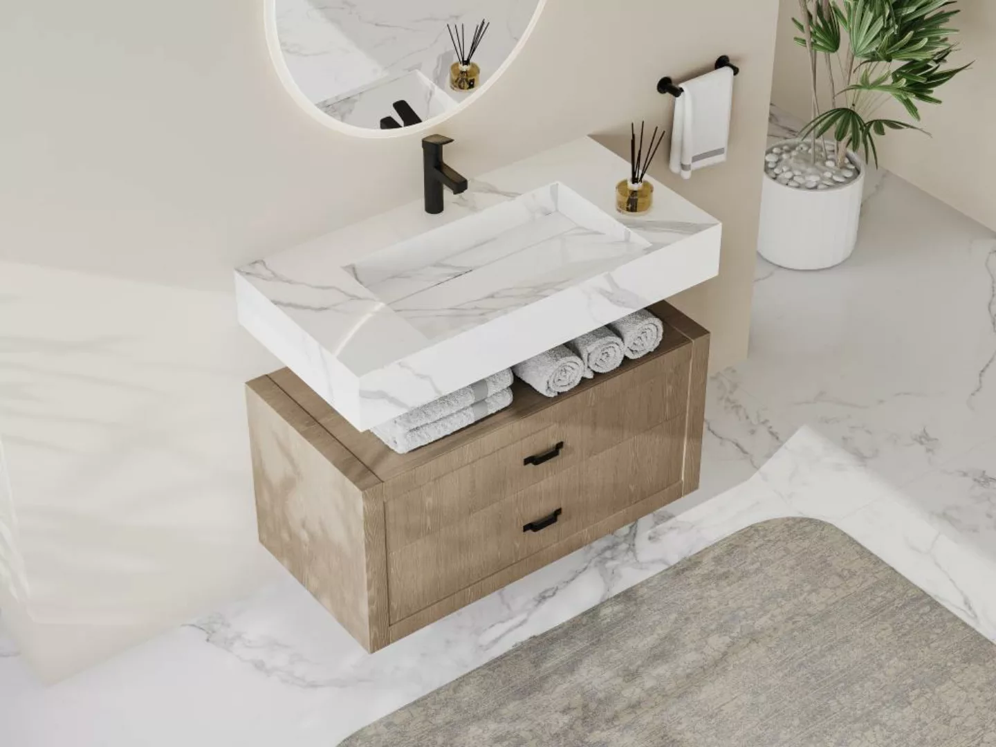 Waschbecken hängend - 90.2 x 45.2 x 8 cm - Weiß mit Marmor-Optik - TAKOTNA günstig online kaufen