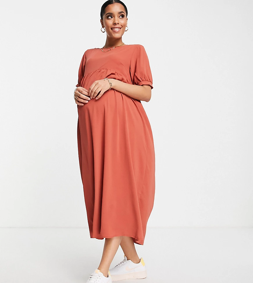 Missguided Maternity – Midi-Hängerkleid in Rostrot mit Puffärmeln-Orange günstig online kaufen