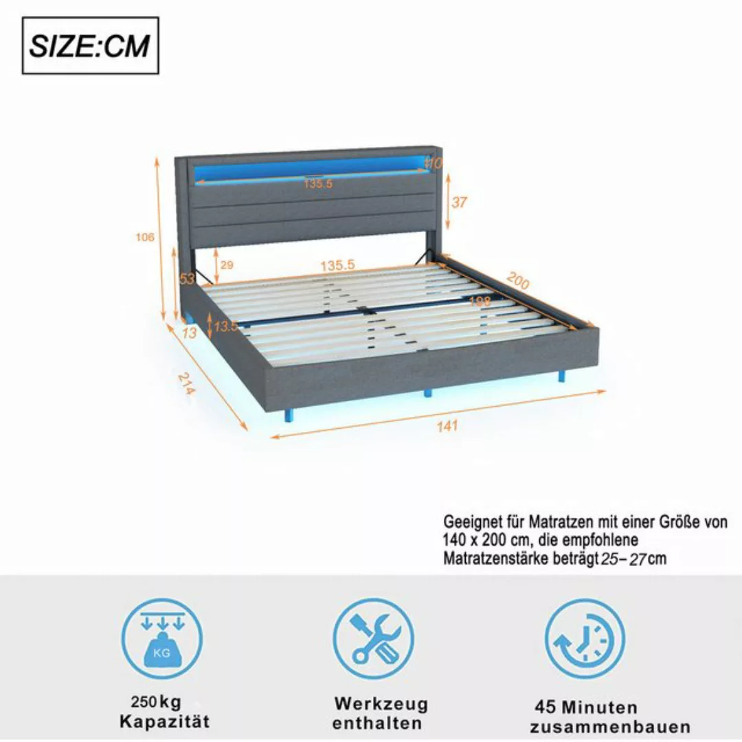 Flieks Polsterbett, LED Doppelbett 140x200cm mit USB-Laden und Stauraum am günstig online kaufen