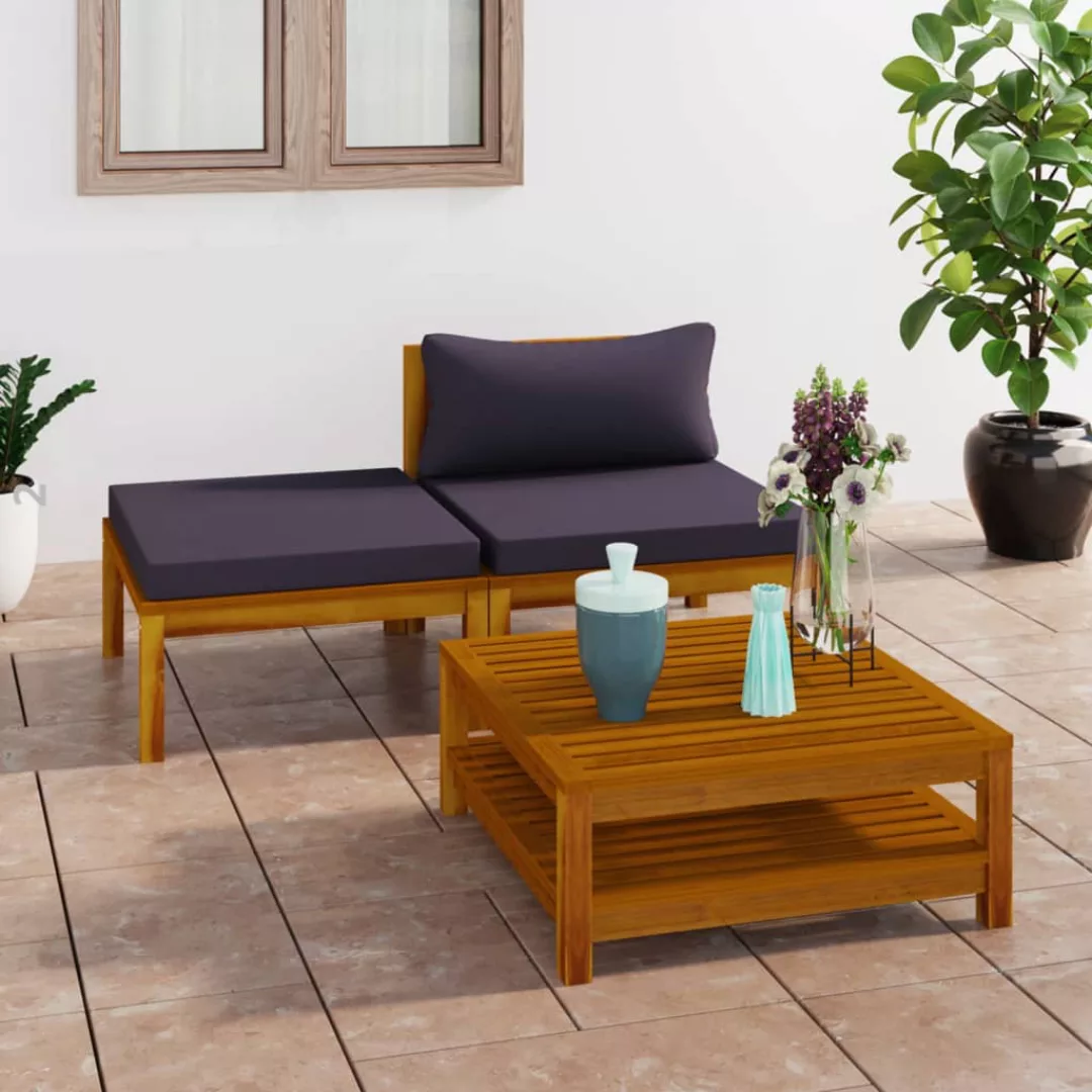 3-tlg. Garten-lounge-set Mit Dunkelgrauen Kissen Akazienholz günstig online kaufen