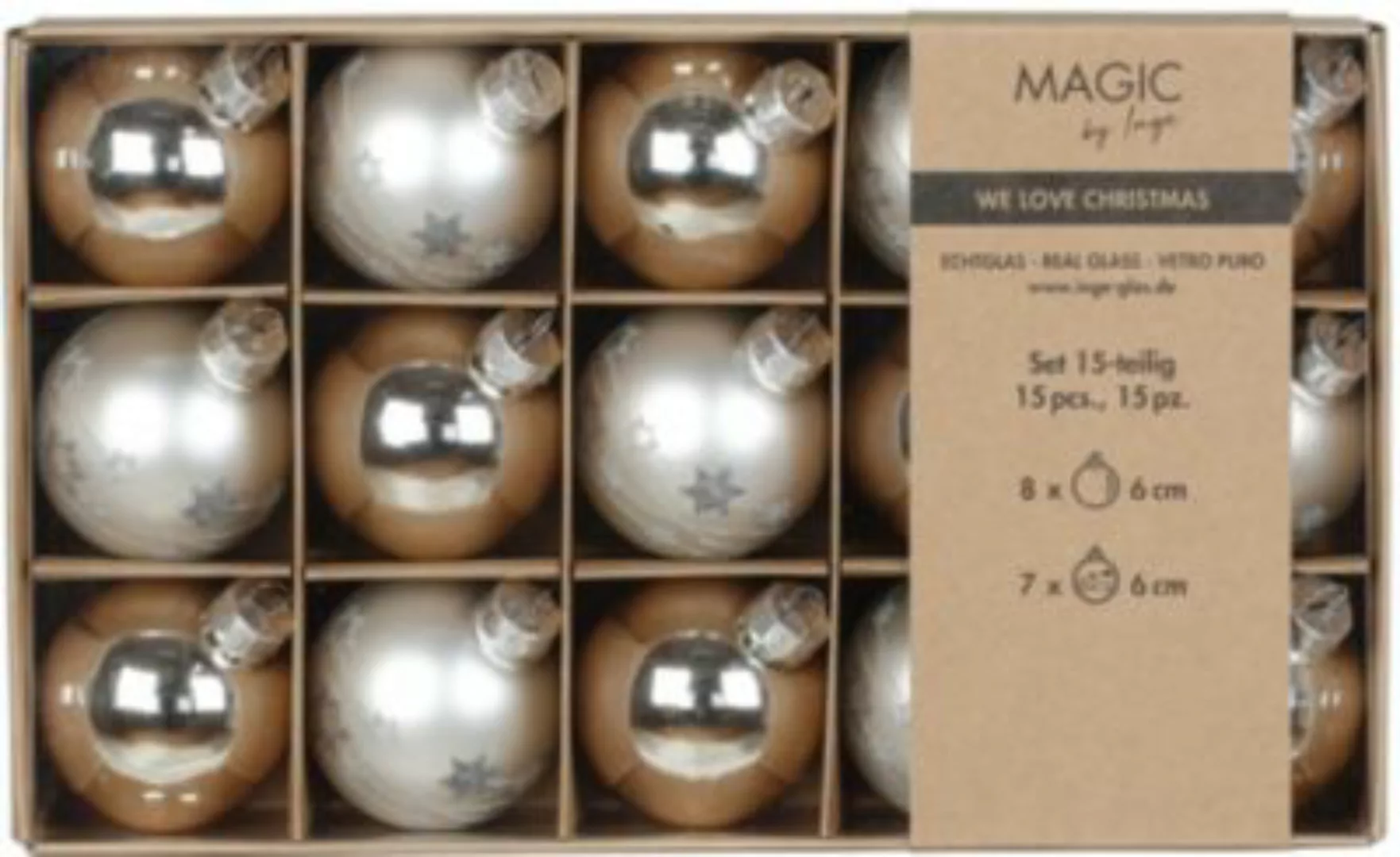 Magic 15-tlg. Set Glas-Weihnachtskugeln, Ø6cm, silber verziert günstig online kaufen