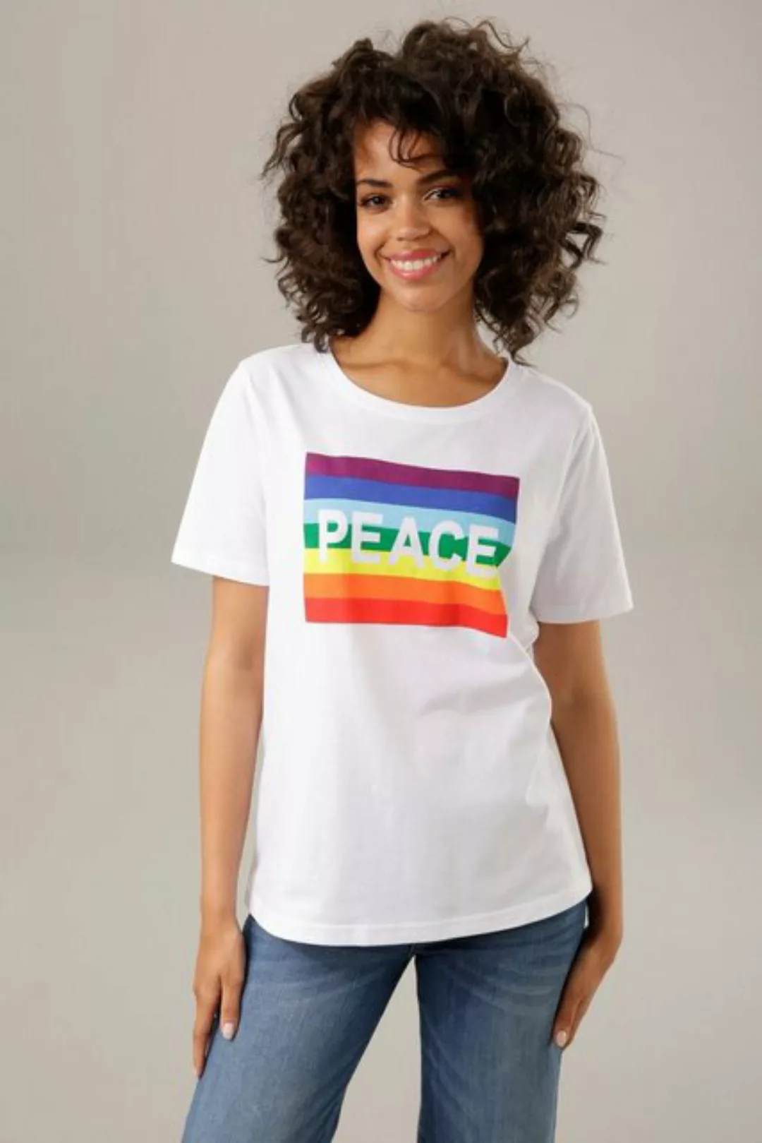 Aniston CASUAL T-Shirt, Frontdruck mit Regenbogen und PEACE-Schriftzug günstig online kaufen