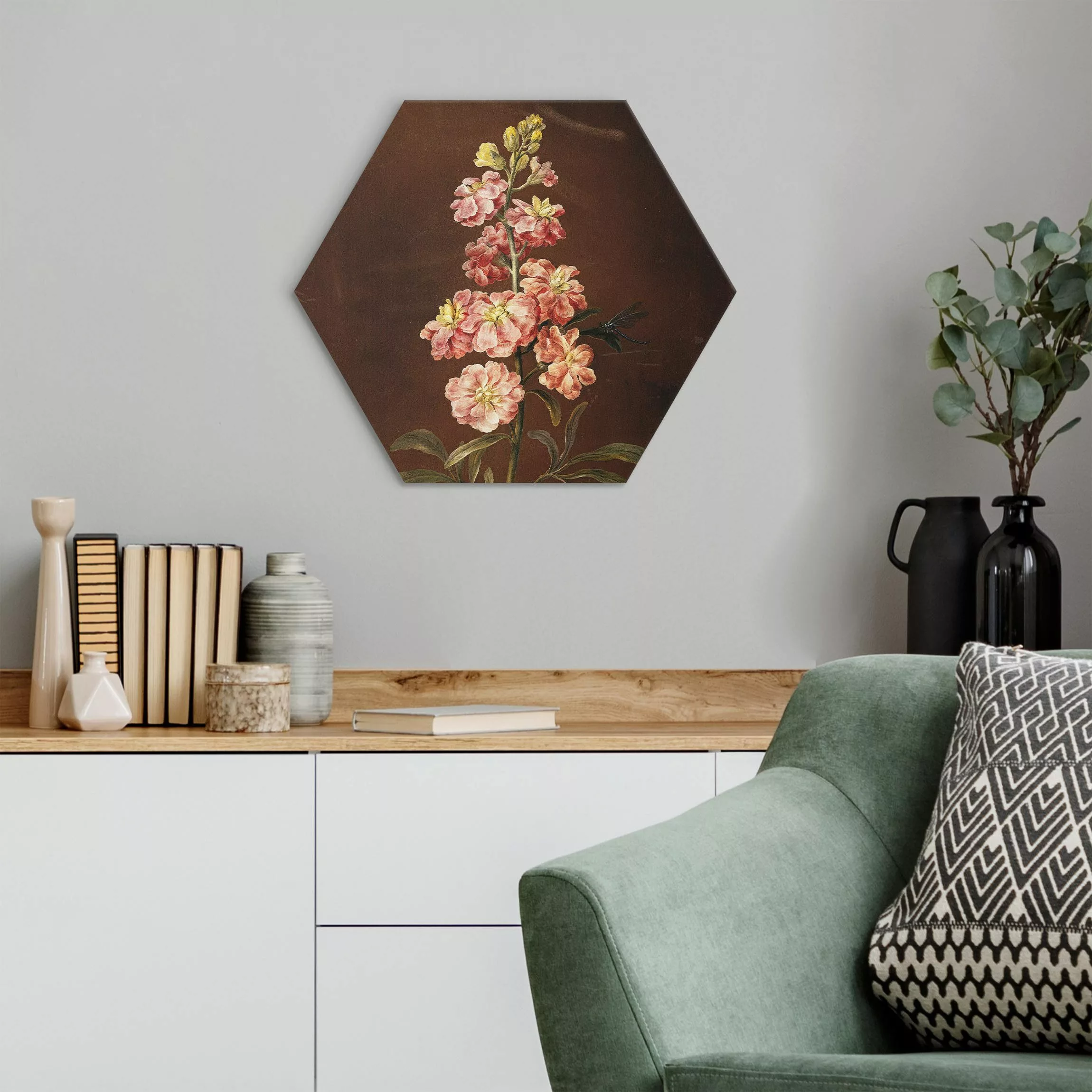 Hexagon-Alu-Dibond Bild Barbara Regina Dietzsch - Eine rosa Garten-Levkkoje günstig online kaufen