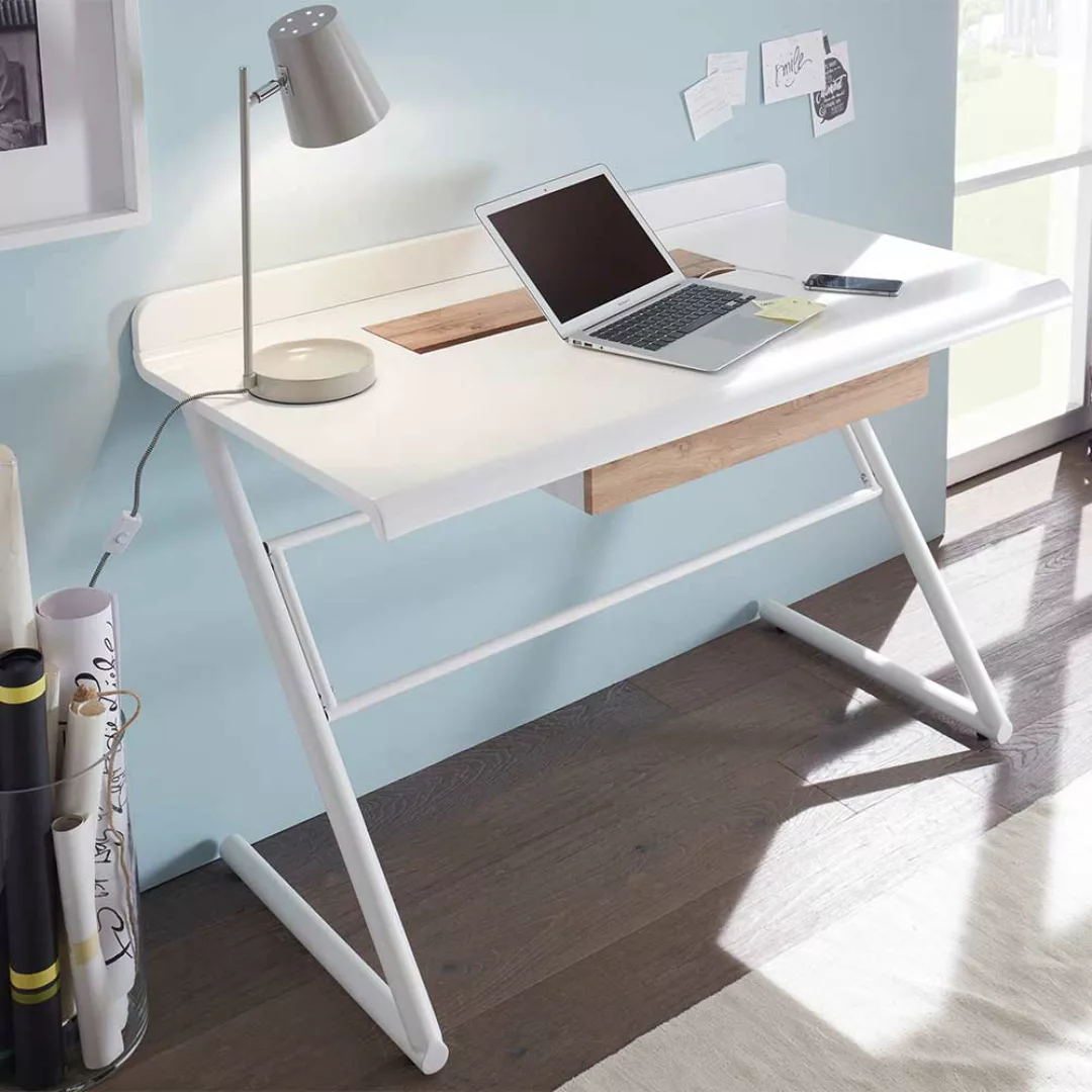 Schreibtisch mit Kufengestell Weiß und Eichefarben günstig online kaufen