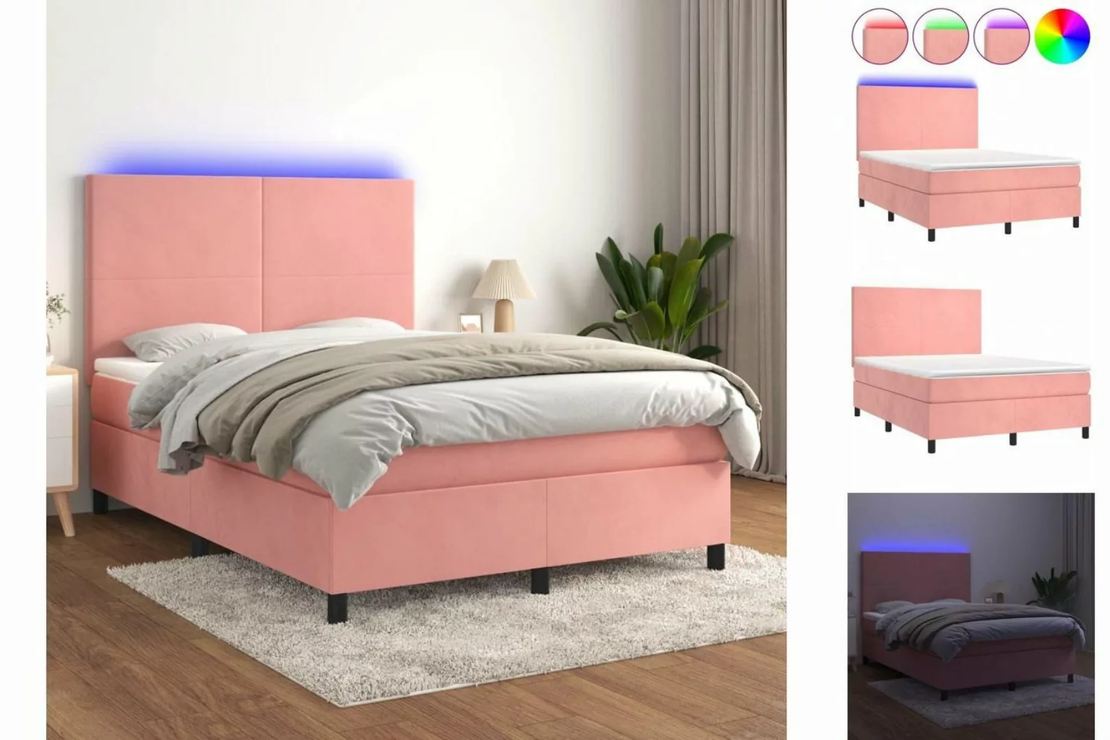 vidaXL Boxspringbett Boxspringbett mit Matratze LED Rosa 140x190 cm Samt Be günstig online kaufen