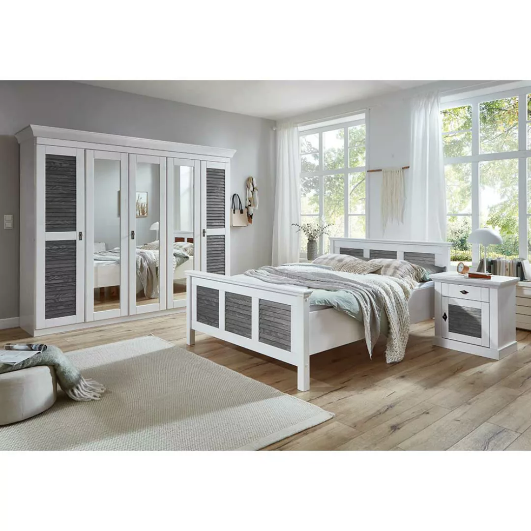 Schlafzimmerkomplettset in Kiefer Grau und Weiß Landhausstil (vierteilig) günstig online kaufen