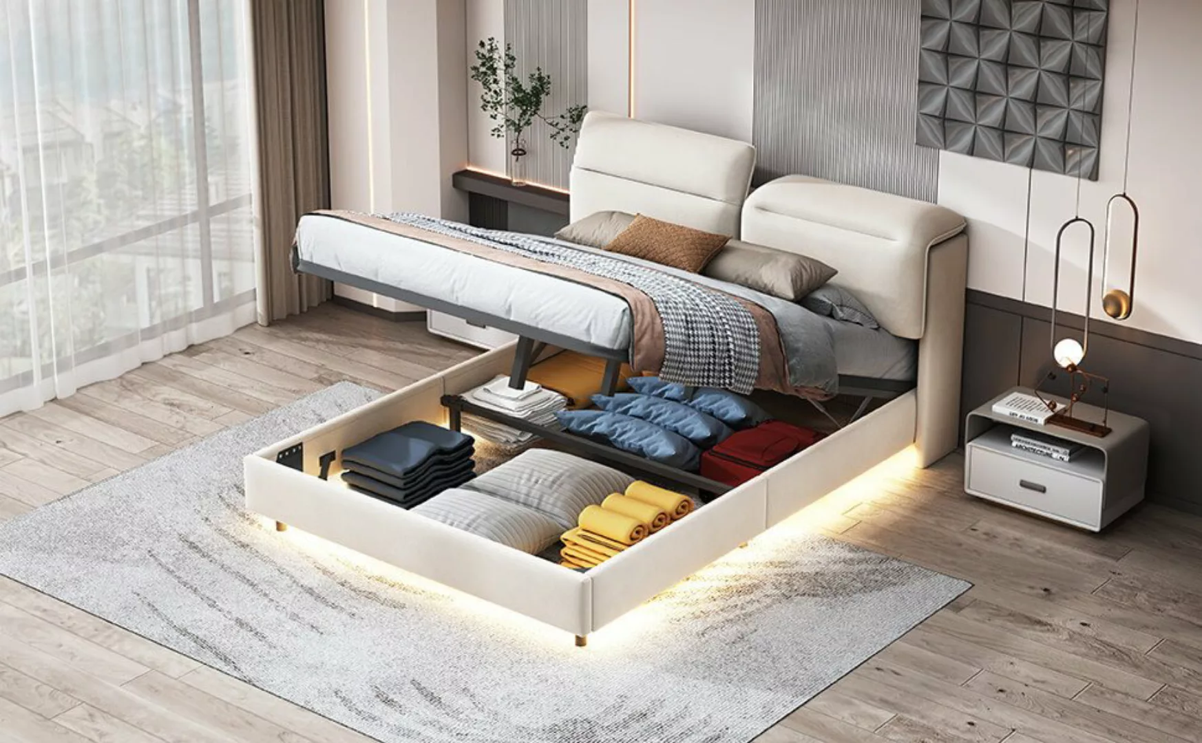 Furnishings Home Polsterbett Doppelbett mit LED Beleuchtung und Stauraum (S günstig online kaufen