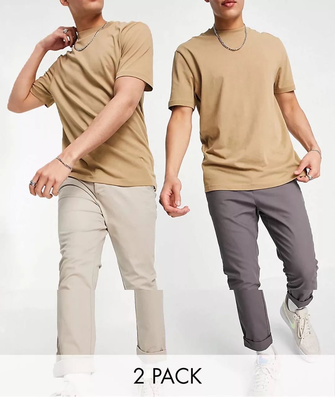 ASOS DESIGN – Chinohose mit engem Schnitt in Anthrazit und Beige im 2er-Spa günstig online kaufen