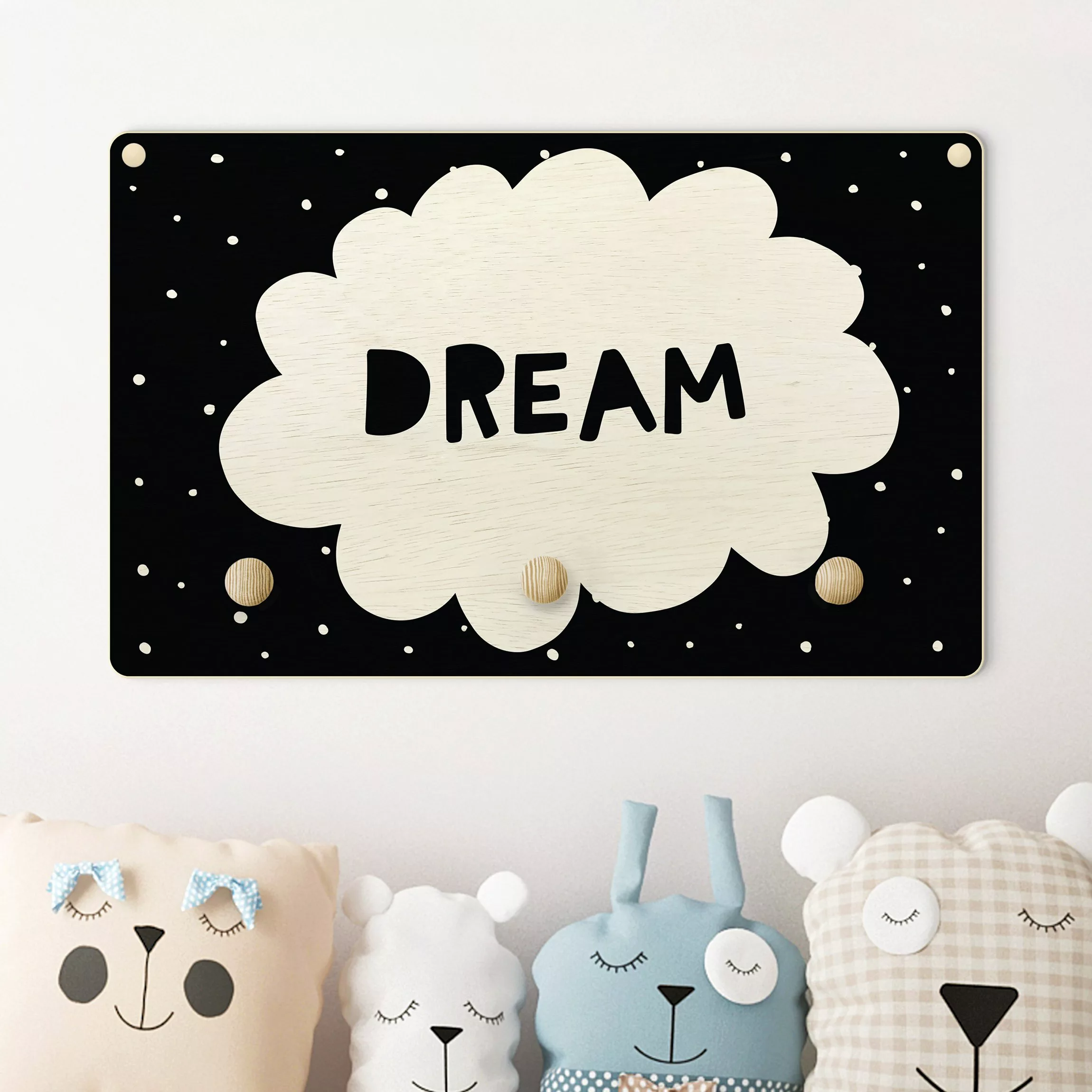 Kindergarderobe Holz Spruch Dream mit Wolke Schwarz günstig online kaufen