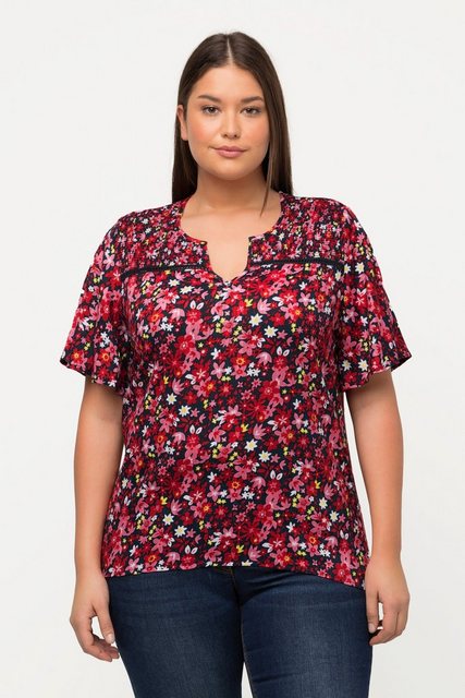 Ulla Popken Longbluse Smok-Bluse Blüten A-Linie Tunika-Ausschnitt günstig online kaufen