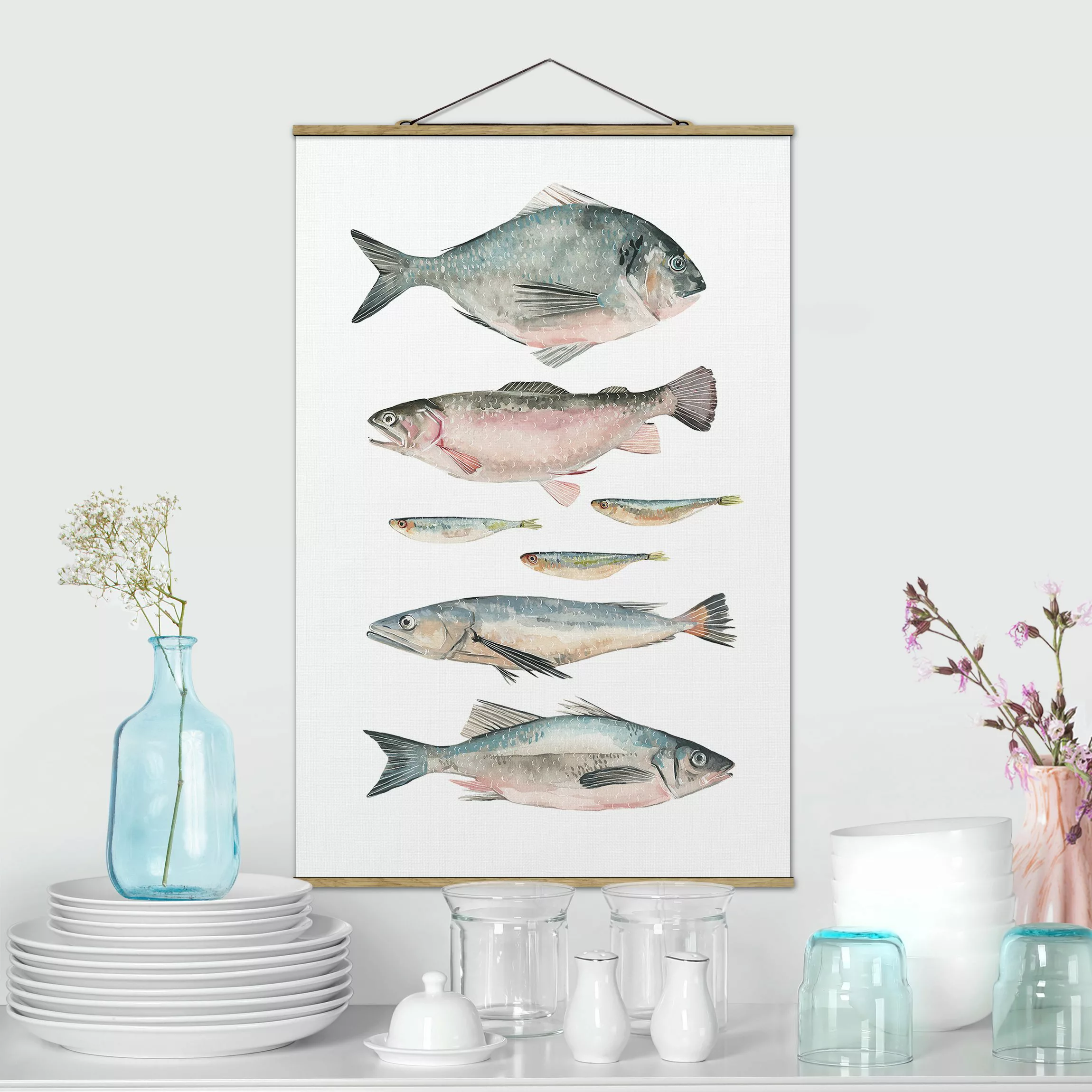 Stoffbild Tiere mit Posterleisten - Hochformat Sieben Fische in Aquarell II günstig online kaufen