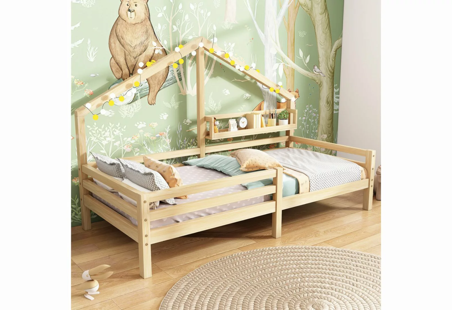 Flieks Kinderbett, Massivholz Einzelbett Hausbett mit Ablageregal 90x200cm günstig online kaufen