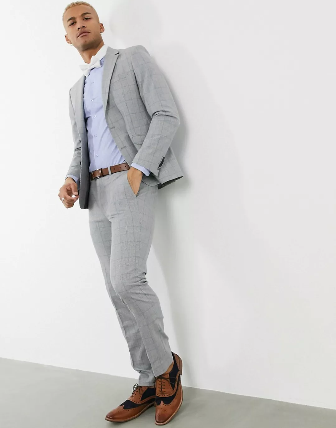 Shelby & Sons – Schmale Anzugjacke mit Taschenkette in Grau kariert günstig online kaufen