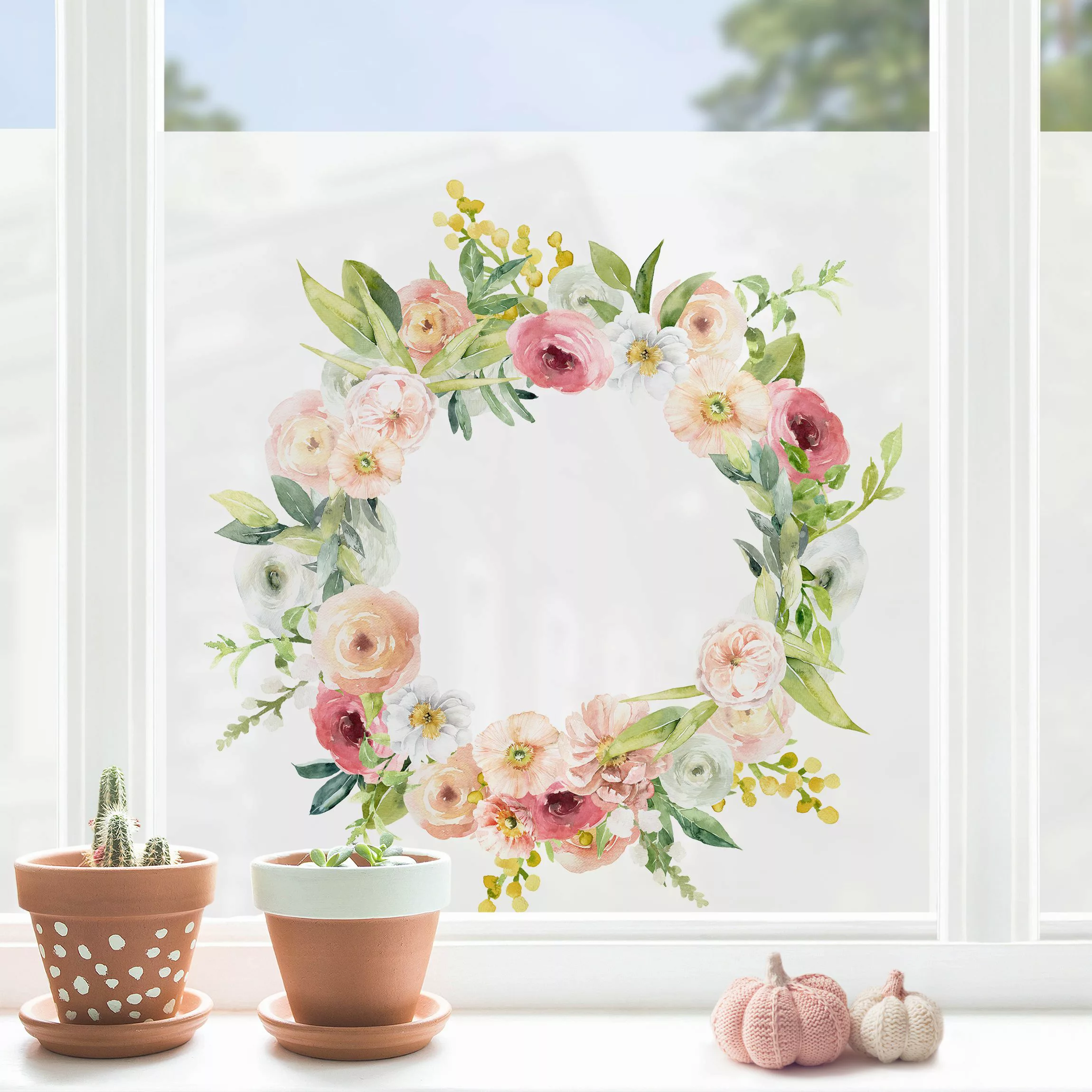 Fensterfolie Aquarell Rosa Blüten Kranz günstig online kaufen