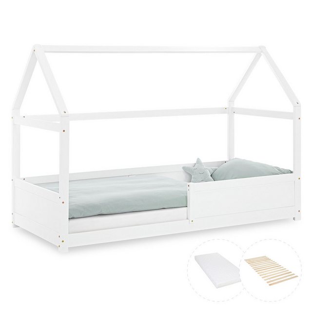 Homestyle4u Kinderbett 90x200 Hausbett Bodenbett Rausfallschutz Weiß Dach H günstig online kaufen