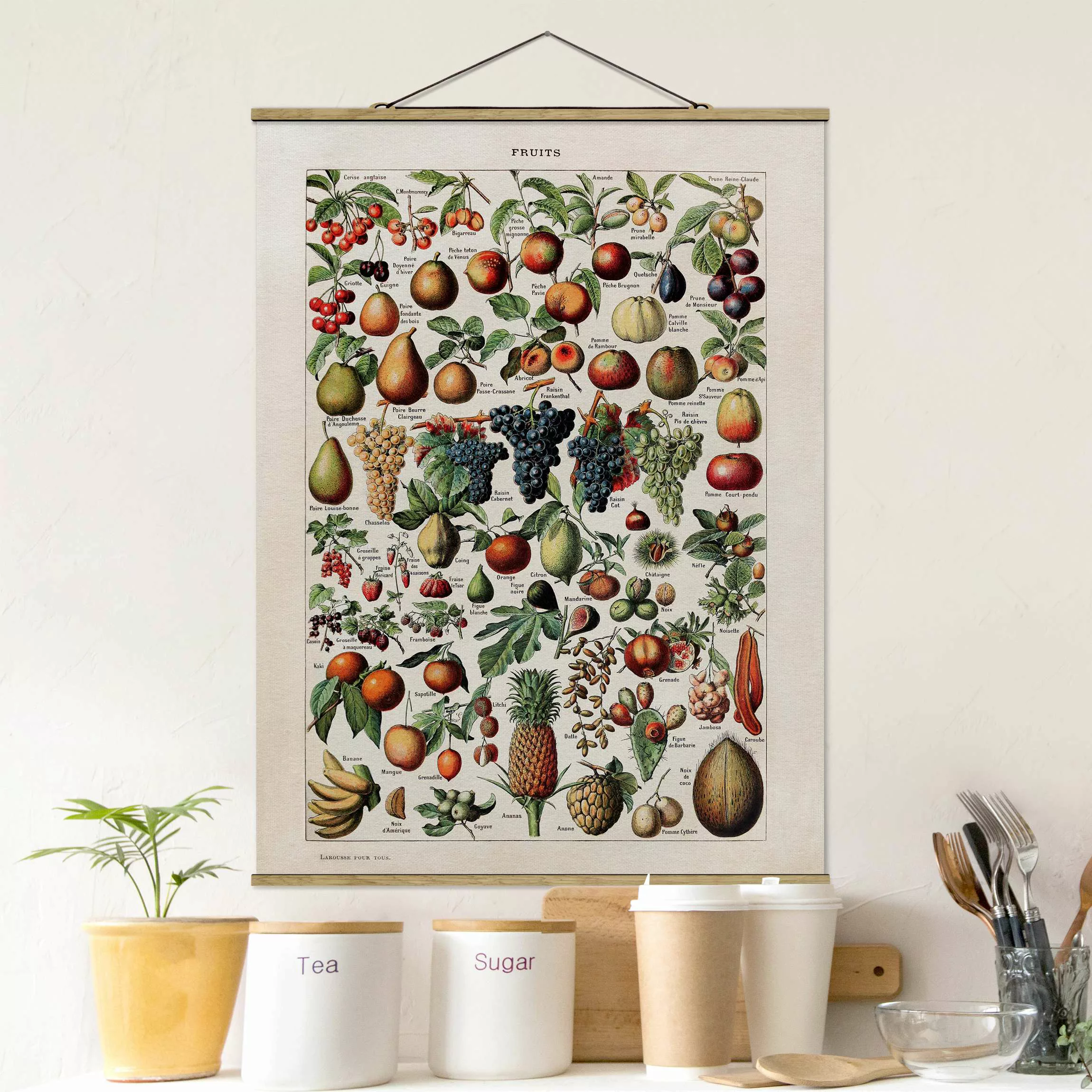 Stoffbild Blumen mit Posterleisten - Hochformat Vintage Lehrtafel Früchte günstig online kaufen