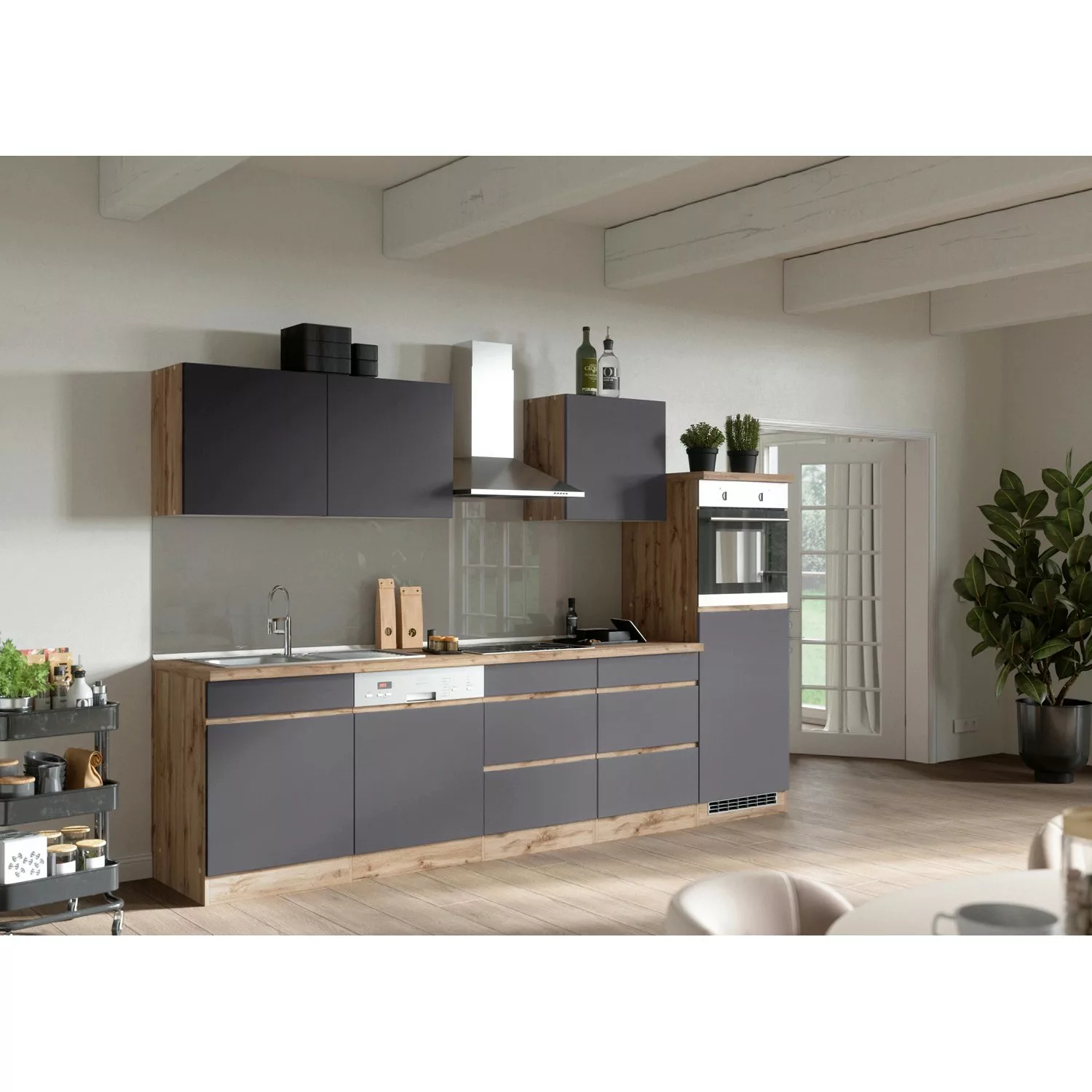 Held Möbel Küchenzeile Turin 300 cm Graphit-Wotaneiche ohne E-Geräte günstig online kaufen