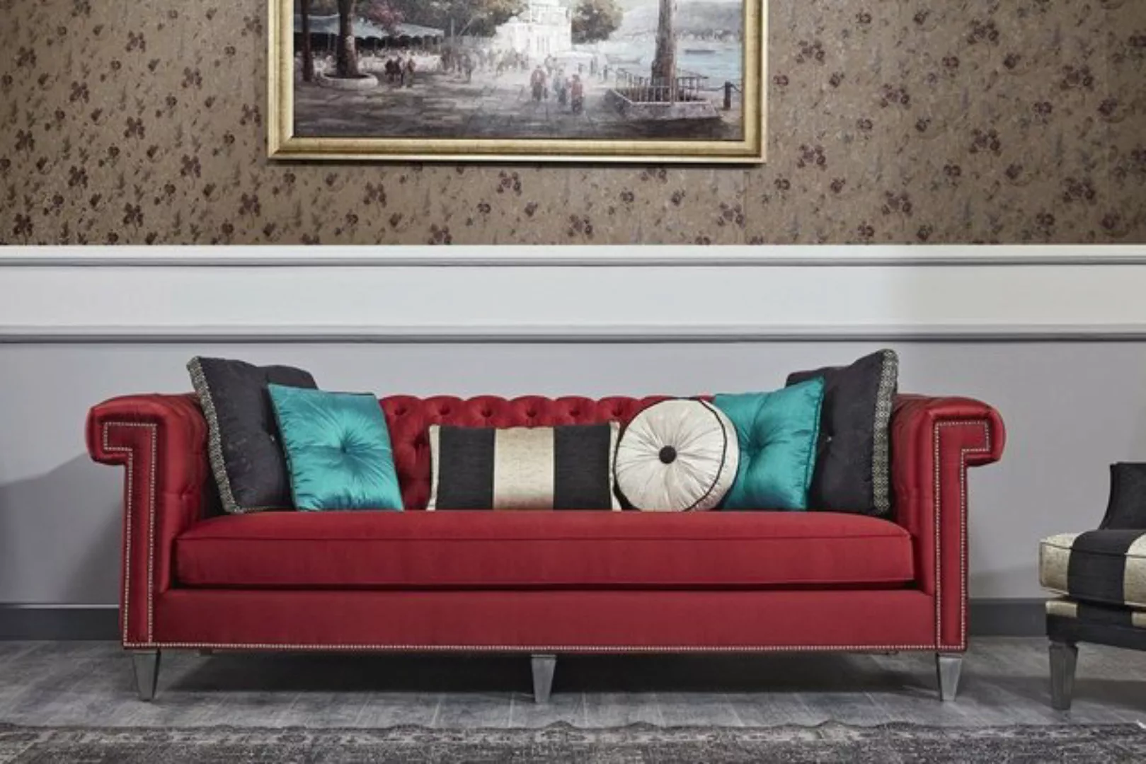 Casa Padrino Chesterfield-Sofa Luxus Barock Chesterfield Sofa Rot / Silber günstig online kaufen